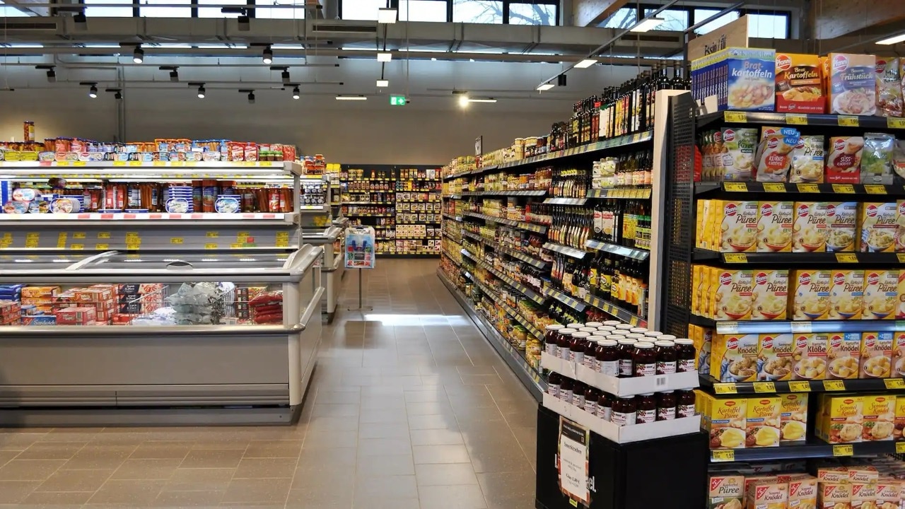 Tiefkühltruhe und Lebensmittelregale im EDEKA-Markt.