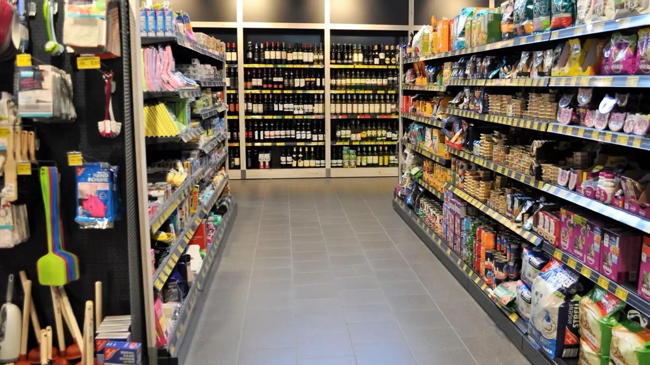 Gang mit Regalen für Tierfutter und Nonfood Produkte. Am Ende ein Weinregal.