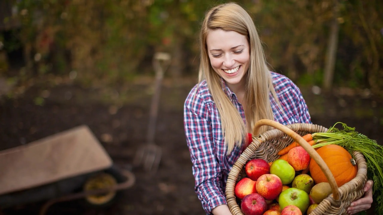 Eine junge Frau in kariertem Hemd hält einen Korb mit Äpfeln, Möhren und Kürbis vor sich.
