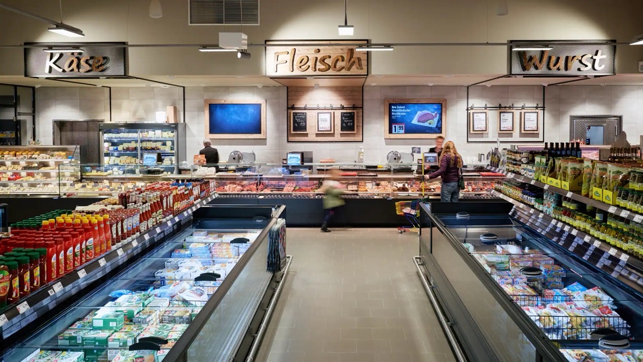 Frischetheke für Käse, Fleisch und Wurst.