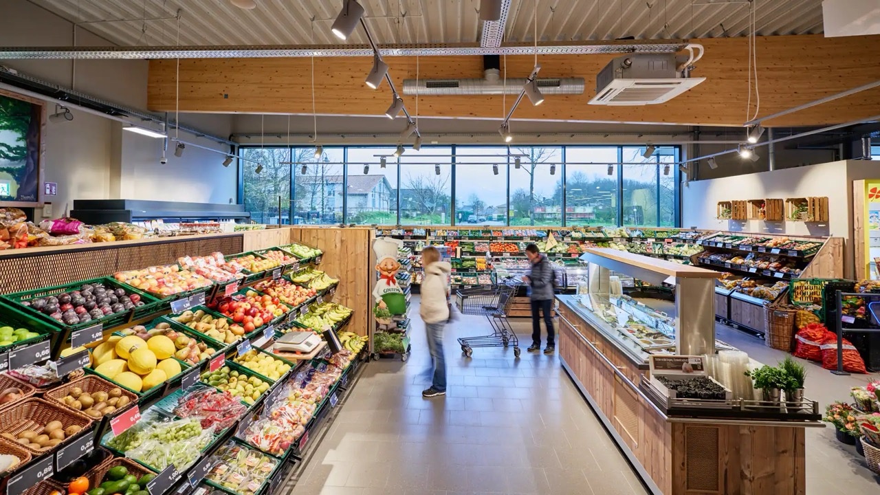 Obstabteilung mit freistehender Salatbar zur Selbstbedienung.