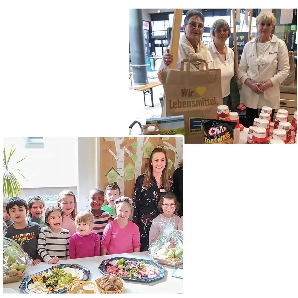 Fotocollage aus zwei Bildern. Oben drei ältere Frauen mit Einkaufstüte. Unten eine jüngere Frau mit neun Kindern an einem gedeckten Tisch.