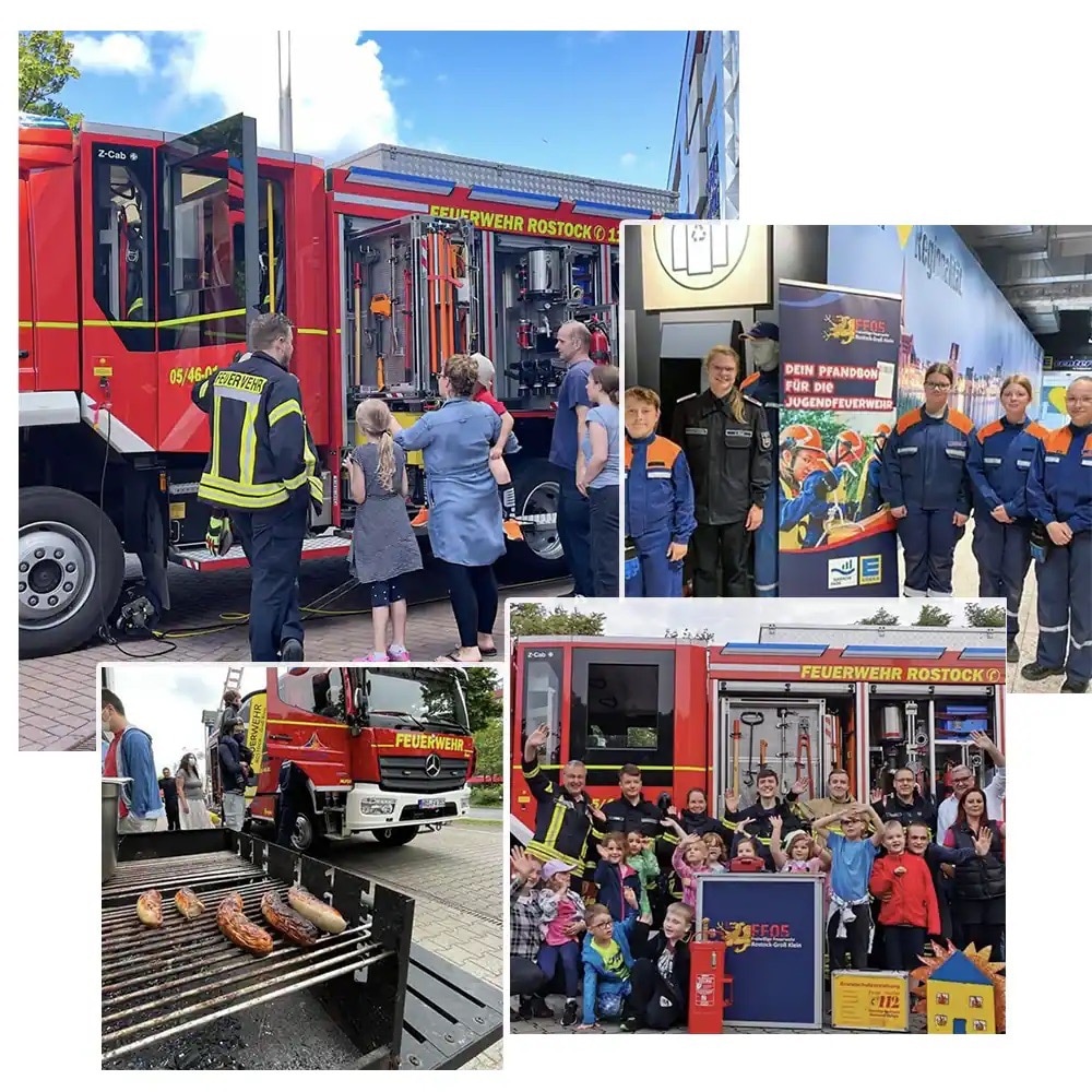 Fotocollage mit vier Bildern der Feuerwehr, eines Grills und winkenden Kindern.