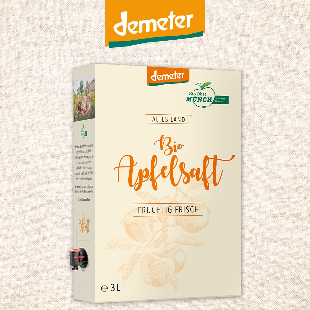 Ein 3-Liter Tetra-Pak Altes Land Bio Apfelsaft von demeter.
