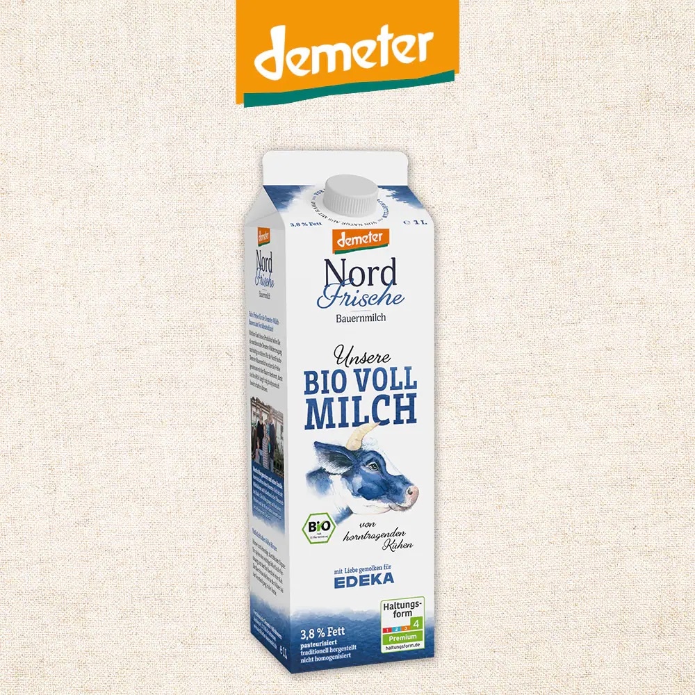 Milchkarton NordFrische unsere Bio Vollmilch von demeter.