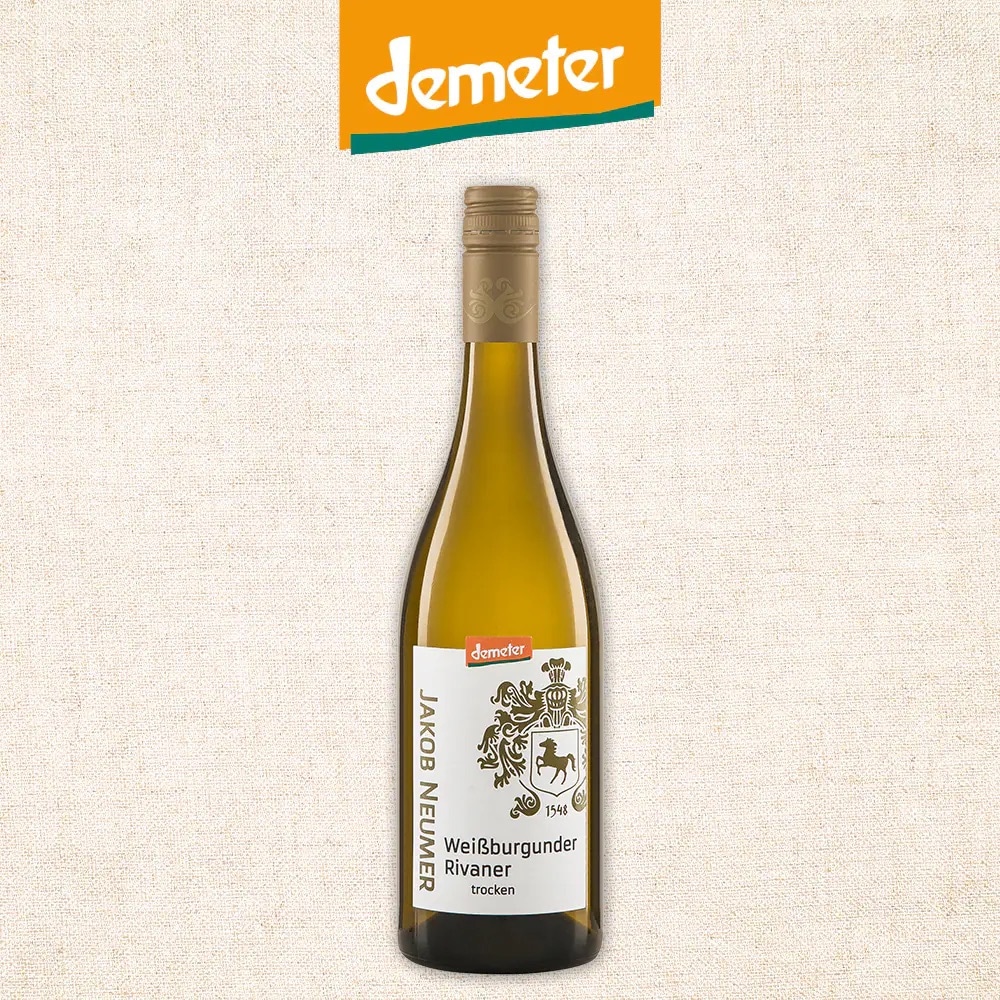 Grüne Flasche Jakob Neumer Weißburgunder Rivaner Wein von demeter.