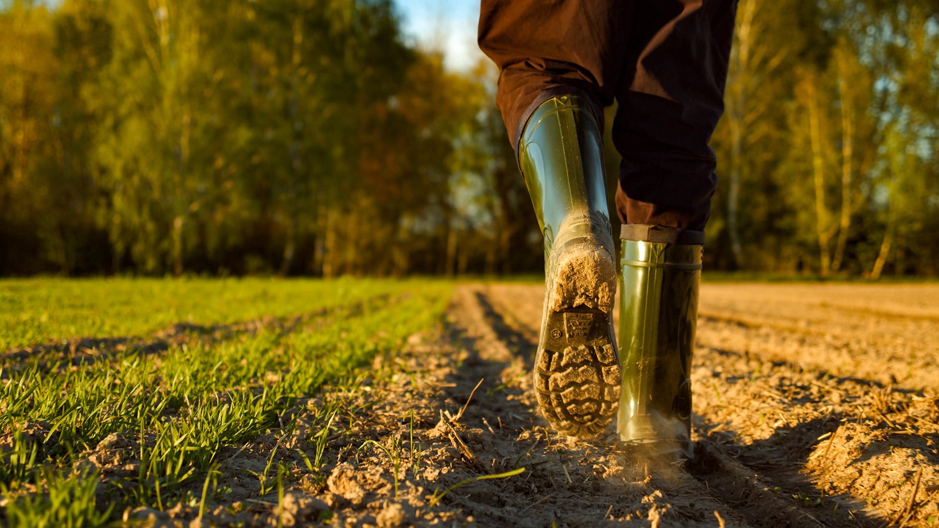 Eine Person geht in grünen Gummistiefeln über ein Feld.