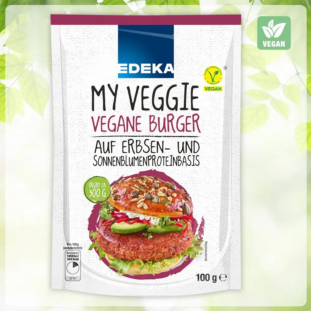 Packung my Veggie vegane Burger auf Erbsen- und Sonnenblumenproteinbasis.