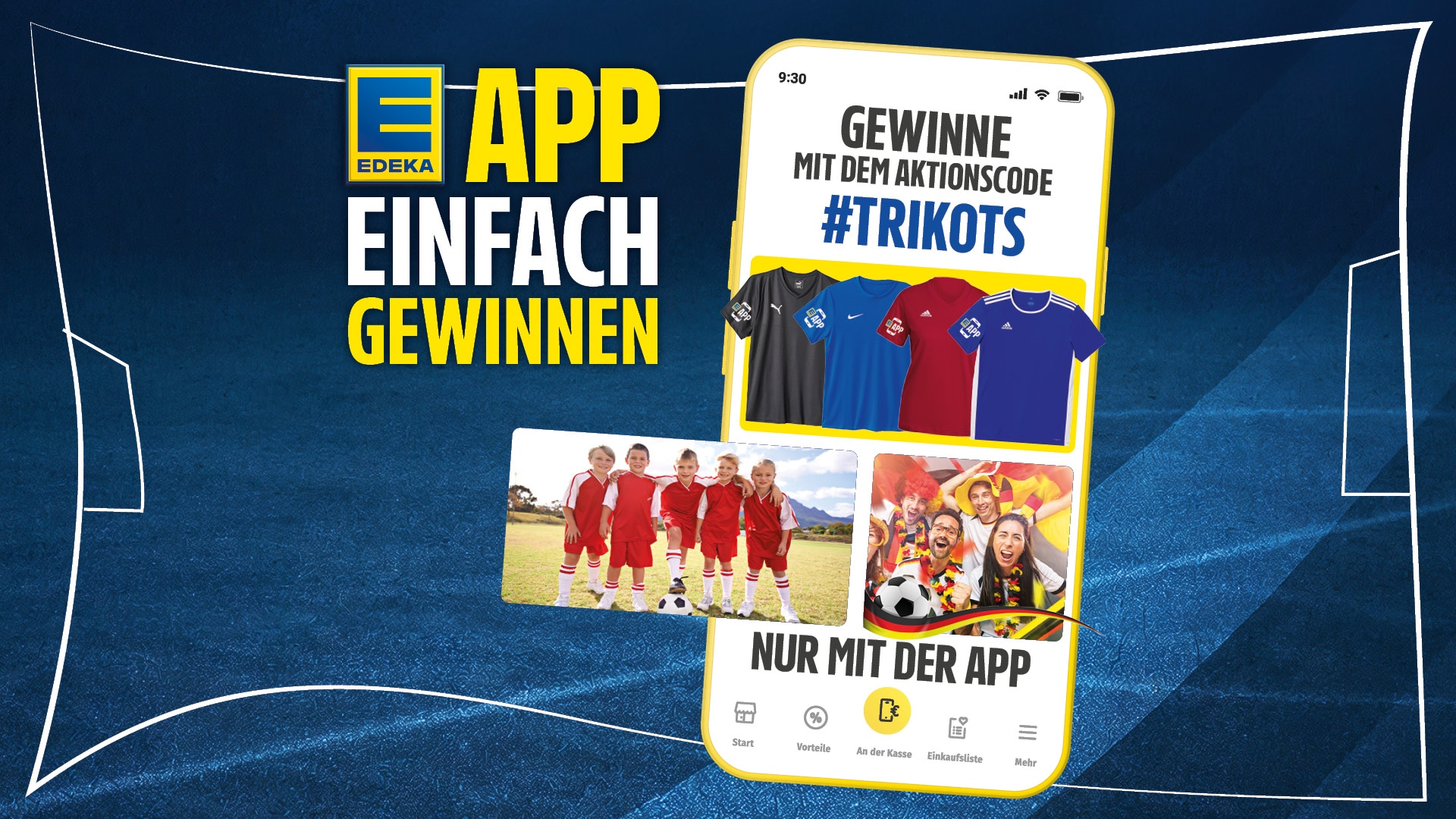 Kampagnenbild auf dem ein Handy mit der Headline "Gewinne mit dem Aktionscode #Trikot" und Abbildungen von Trikots abgebildet ist.