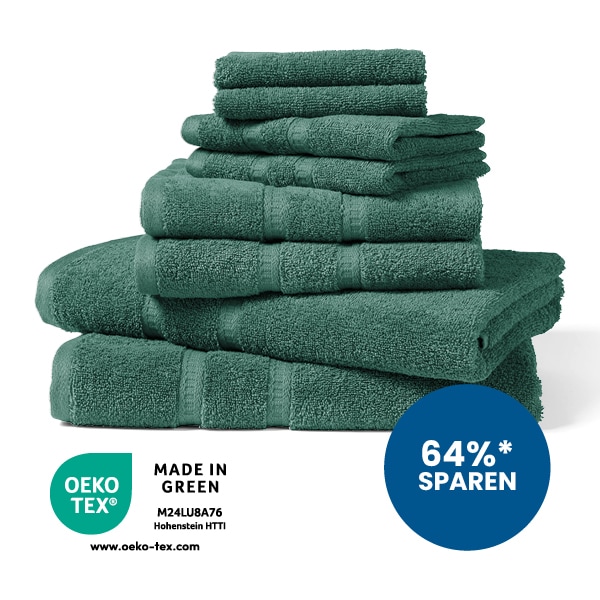 8-teilige Frottierset in seegrün gefaltet und gestapelt. 64% sparen Störer