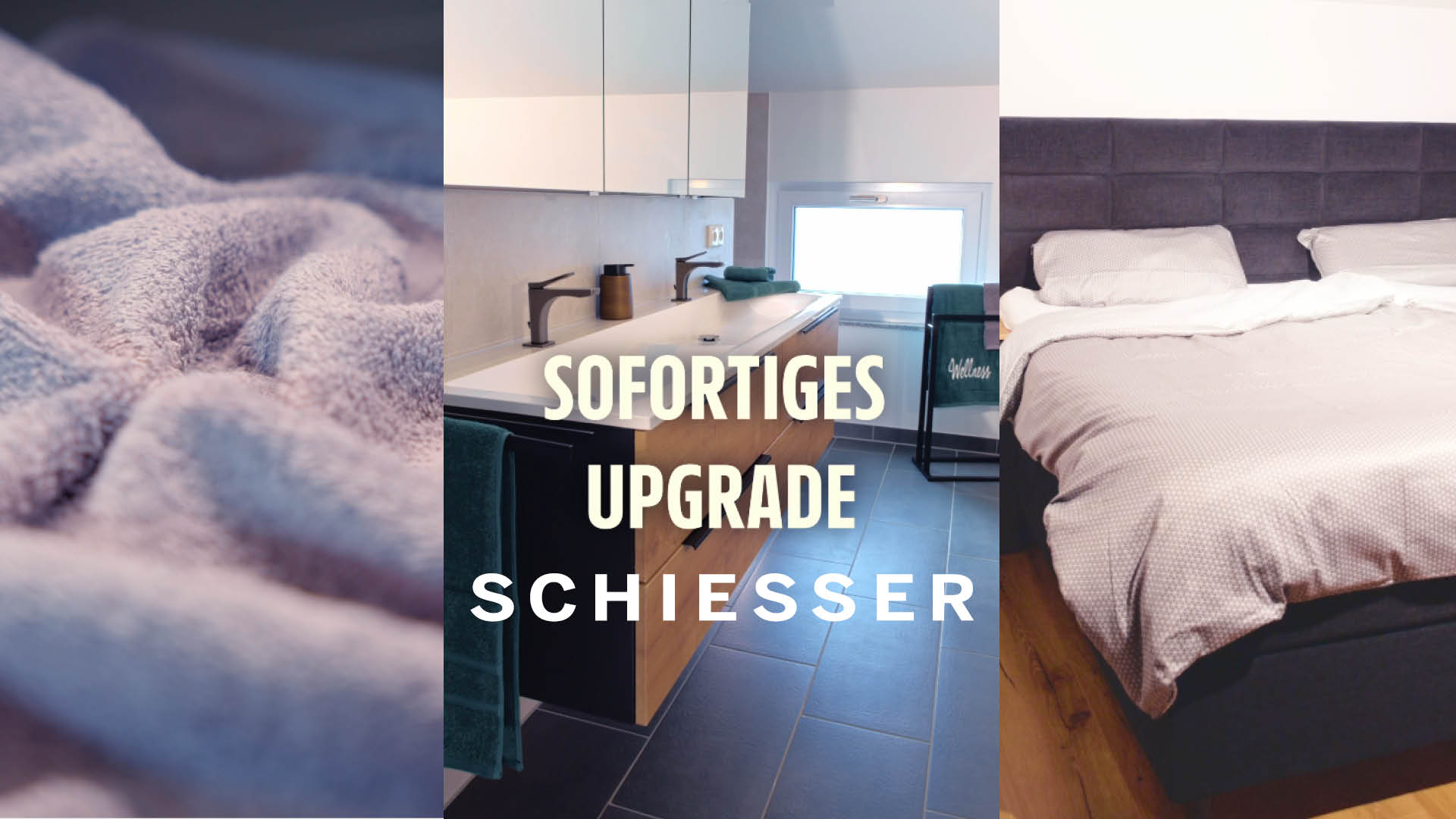 3 verschiedene Bilder mit Artikeln zur Treueaktion Schiesser, die das Bade- und Schlafzimmer verschönern.