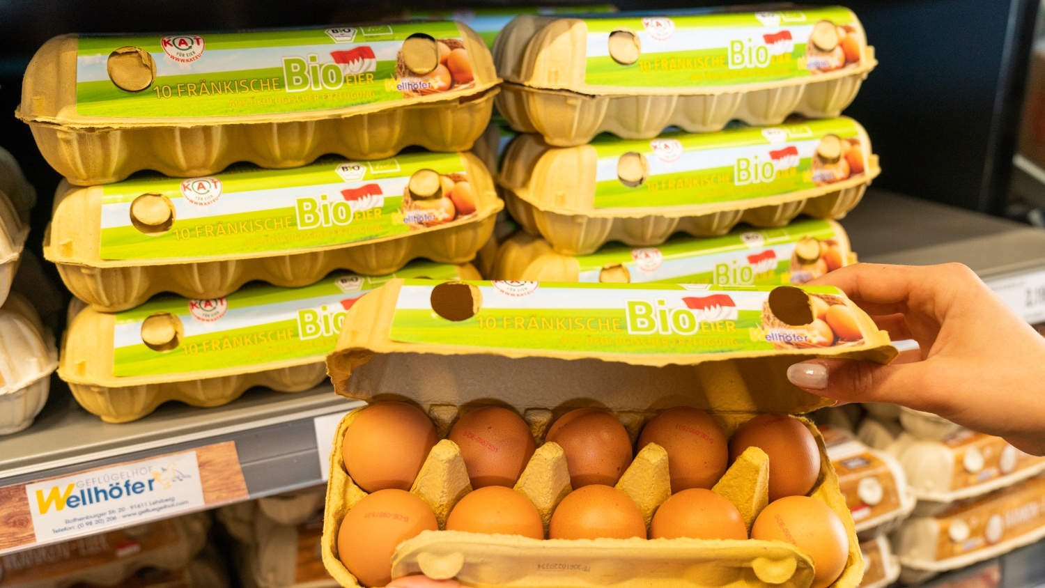 Eine Hand öffnet einen Eierkarton in dem 10 fränkische Bioeier zu erkennen sind.