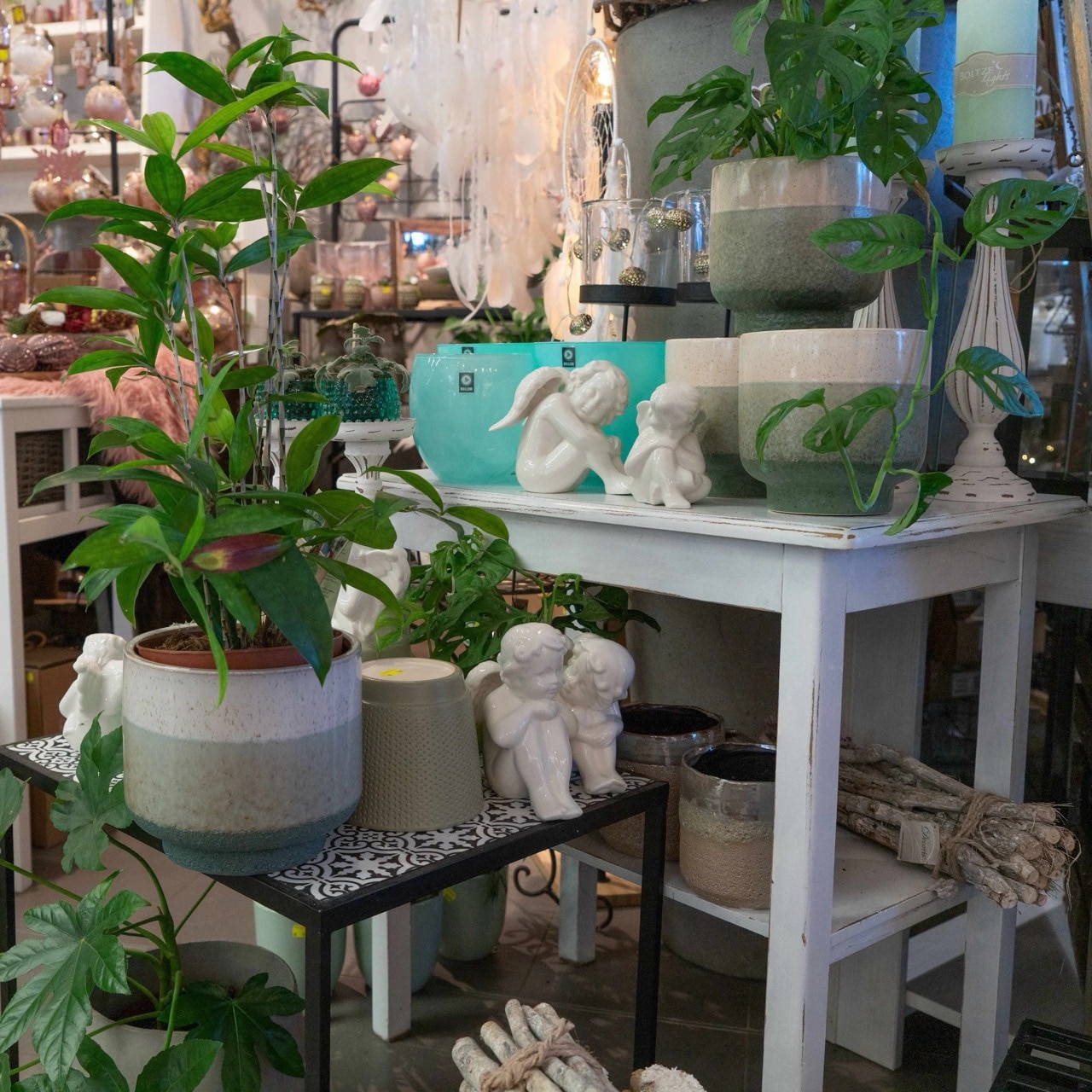 Verschiedene Tische mit Blumentöpfen und andere Dekorationselementen.