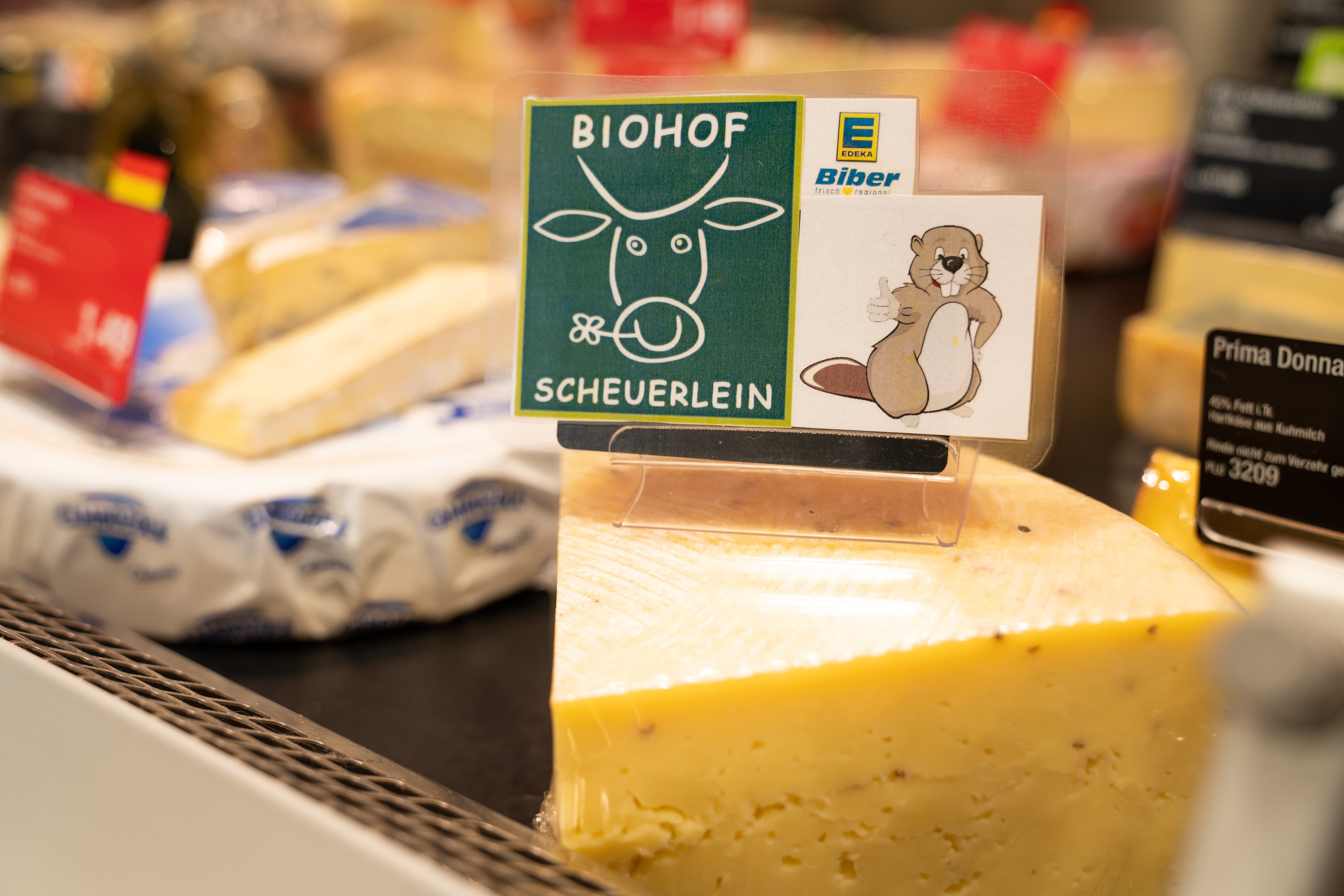 Ein großes Stück Käse mit dem Schild: Biohof Scheuerlein. Dazu ein EDEKA-Schild mit einem Biber.