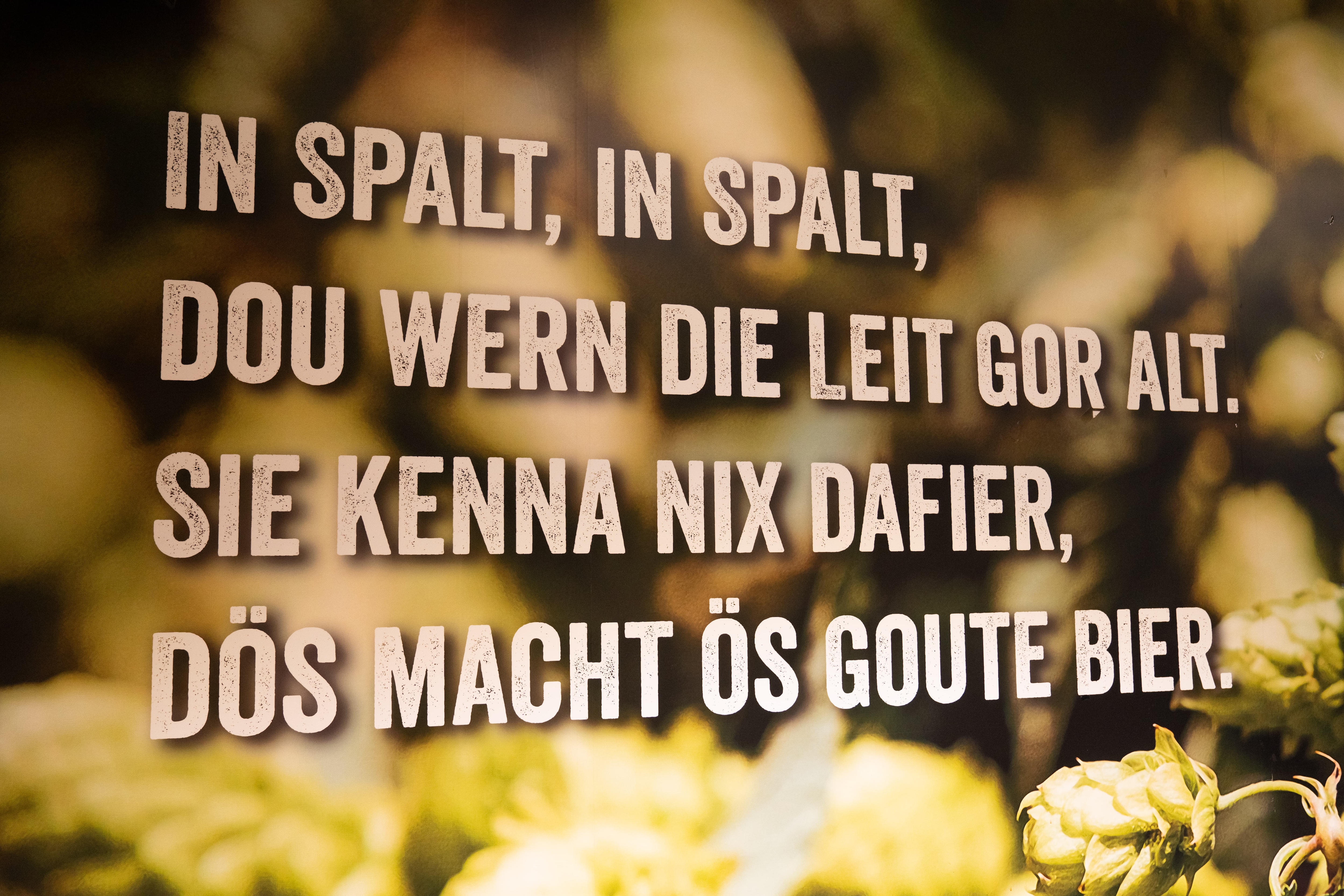 Schild mit Text: In Spalt, in Spalt, dou wern die leit got alt. Sie kenna nix dafier, dös macht ös goute bier.