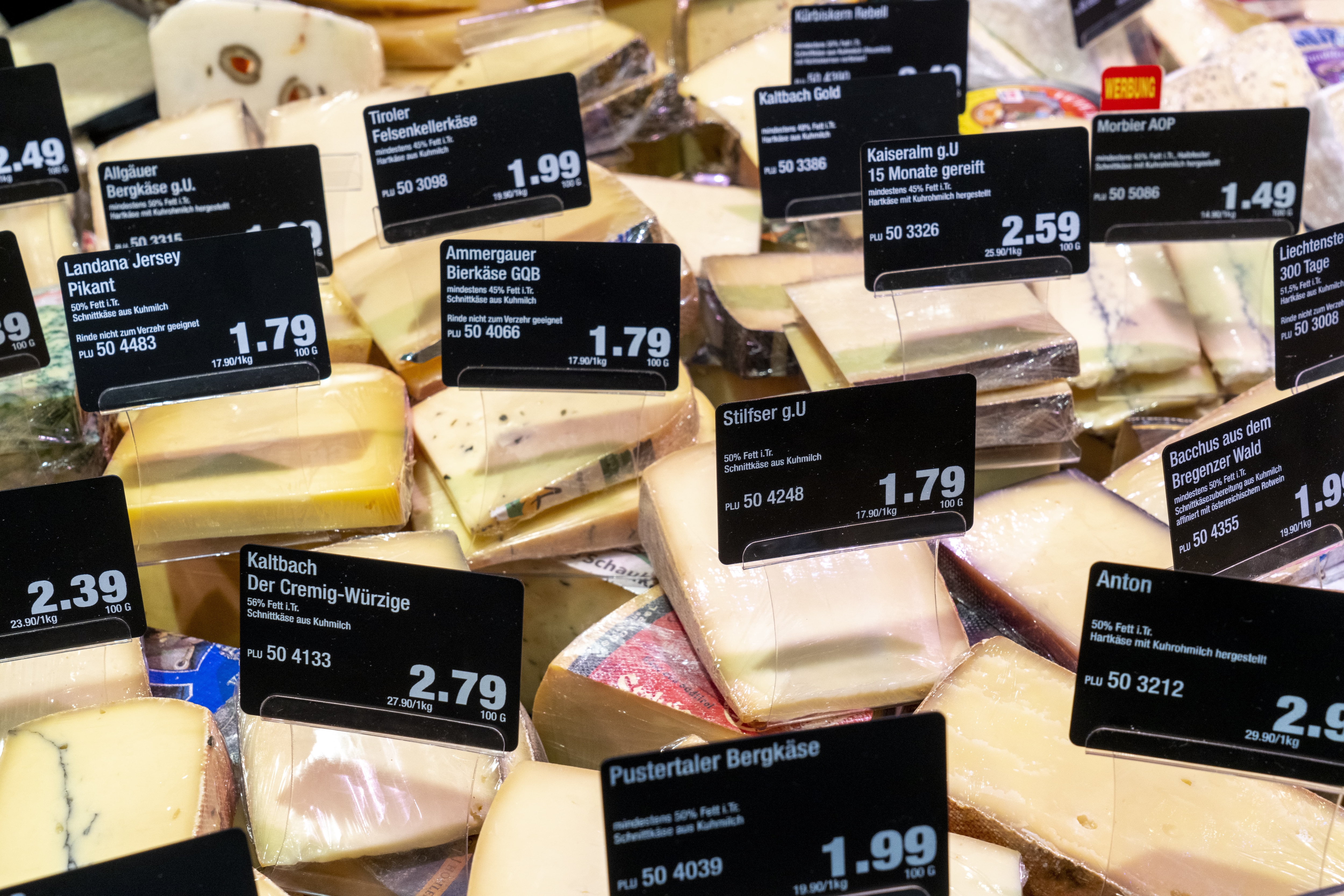 Käseauslage einer Bedienungstheke mit vielen verschiedenen Käsesorten und Preisschildern.