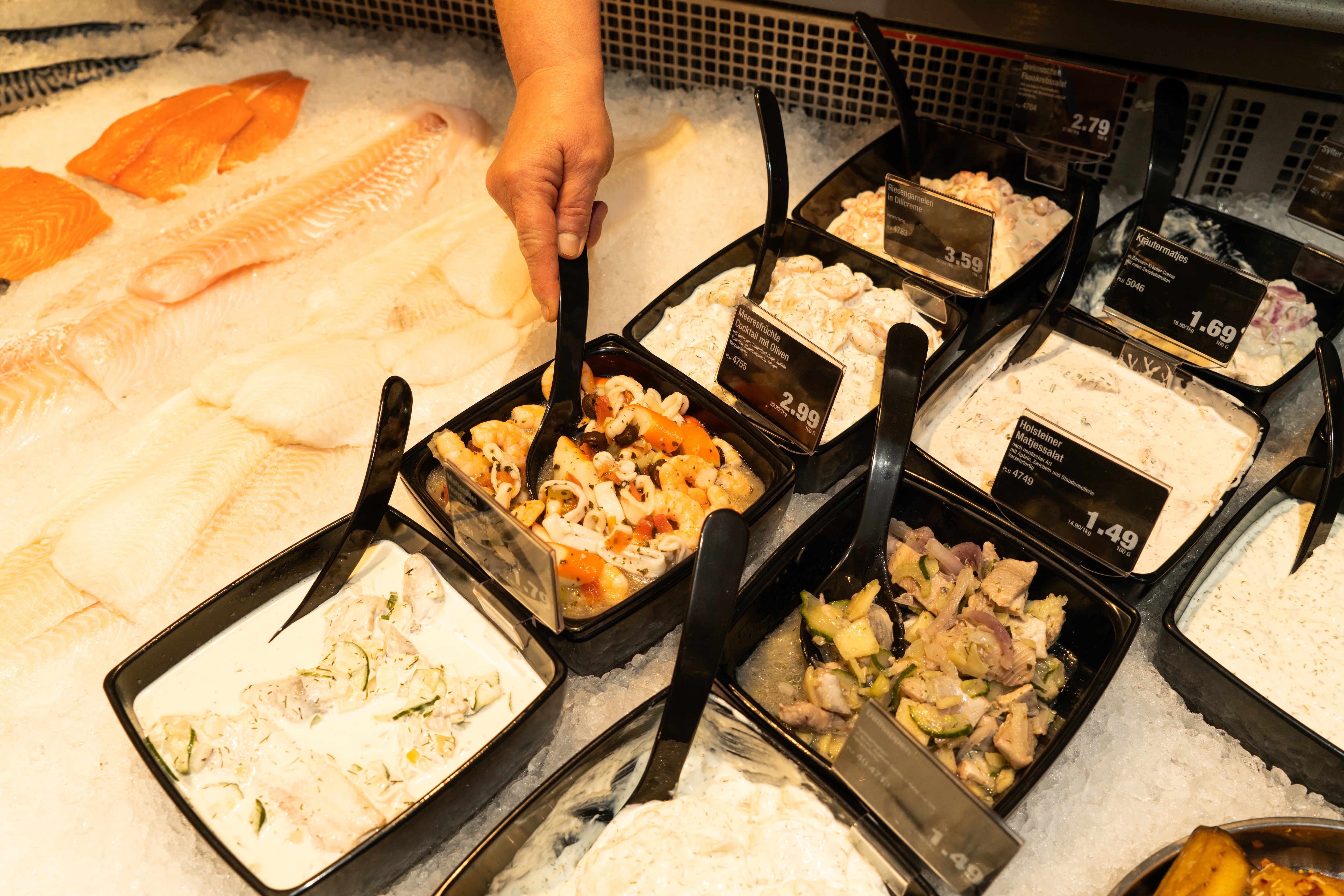 Eine Theke mit verschiedenen Fischsalaten, Meeresfrüchten und Fischfilets.