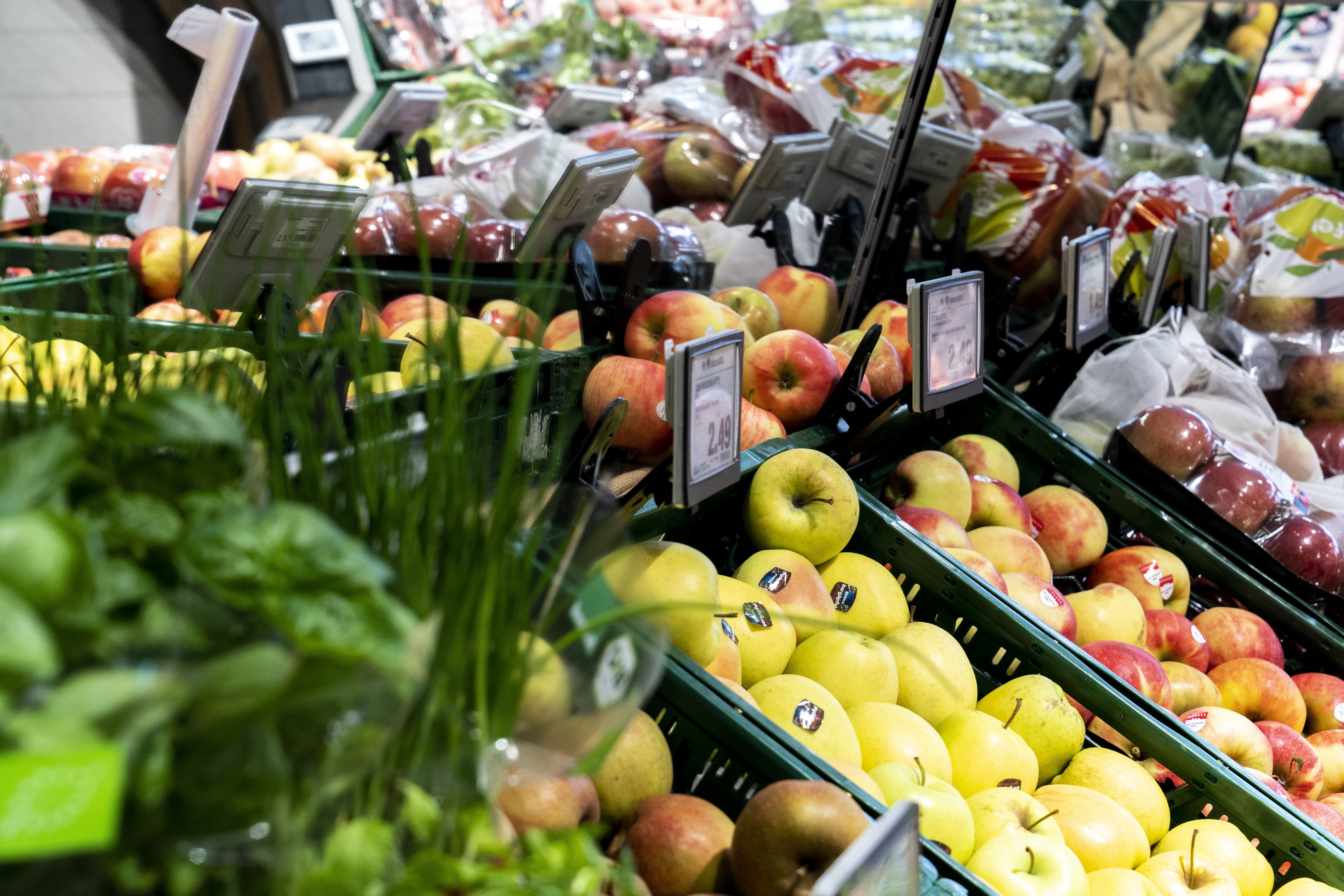 Kräuter und Äpfel in der Obst- und Gemüseabteilung eines EDEKA-Markts.