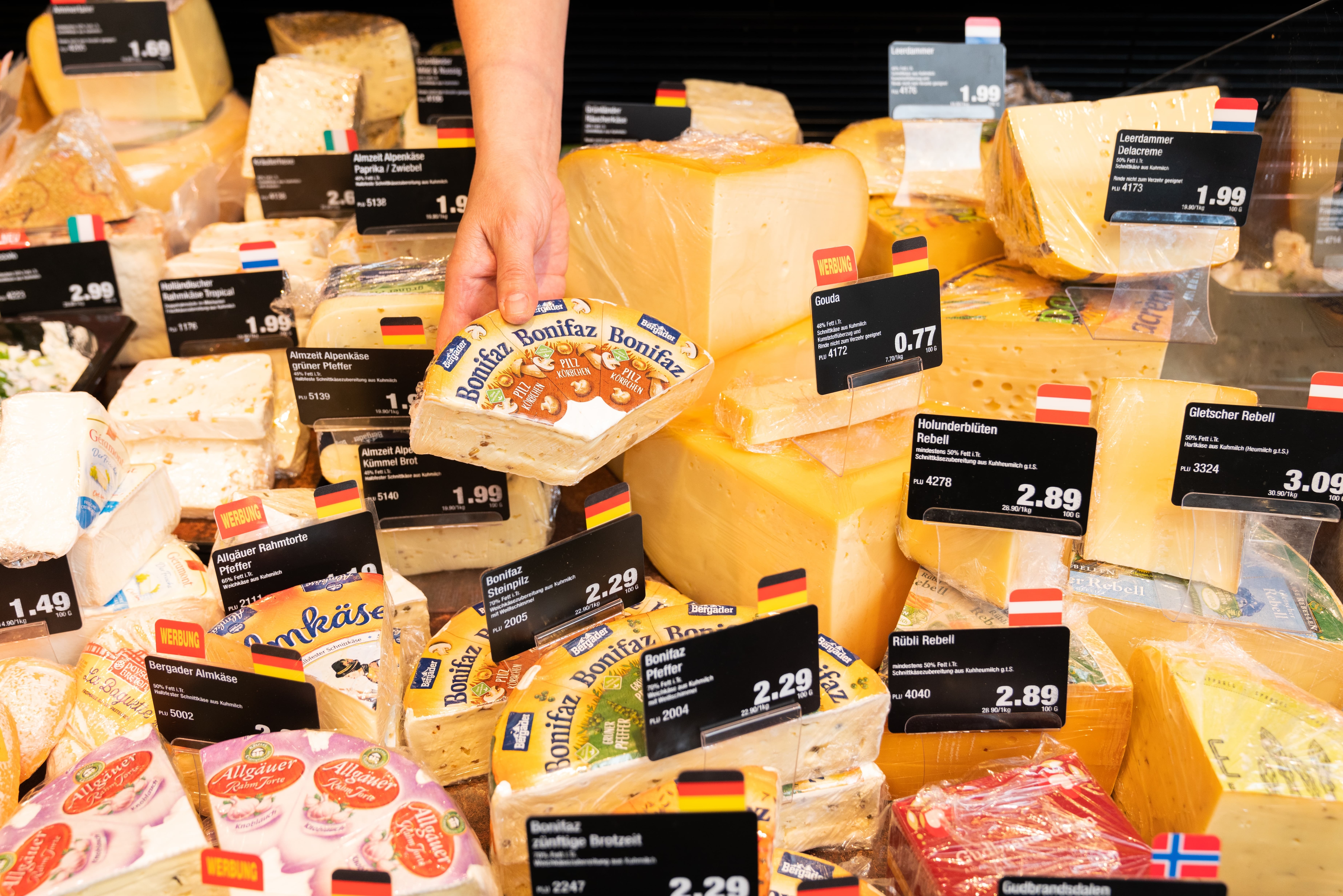 Verschiedene Käsesorten mit Preisschildern in einer Auslage.