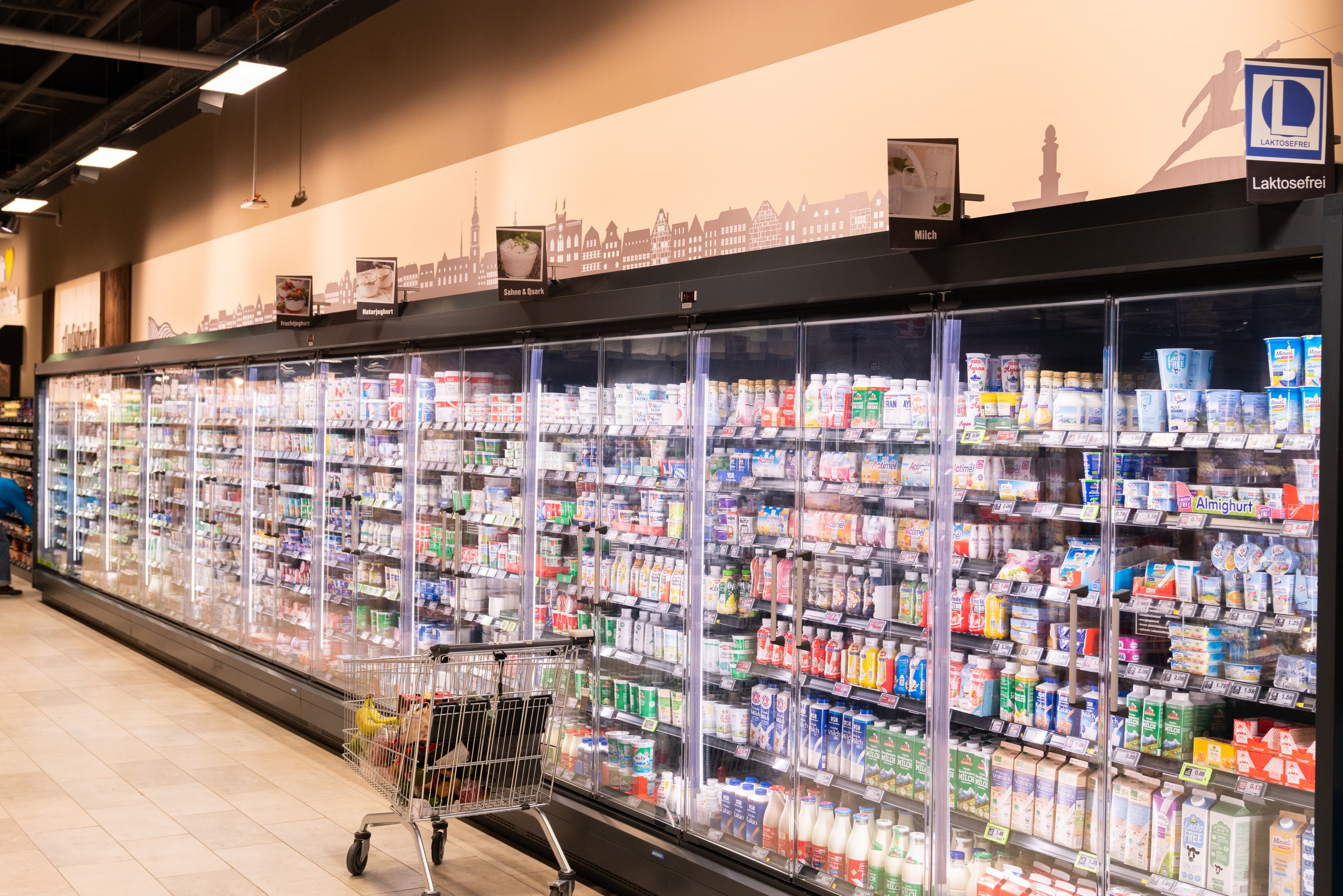 Lange Reihe Kühlschränke mit Molkereiprodukten.