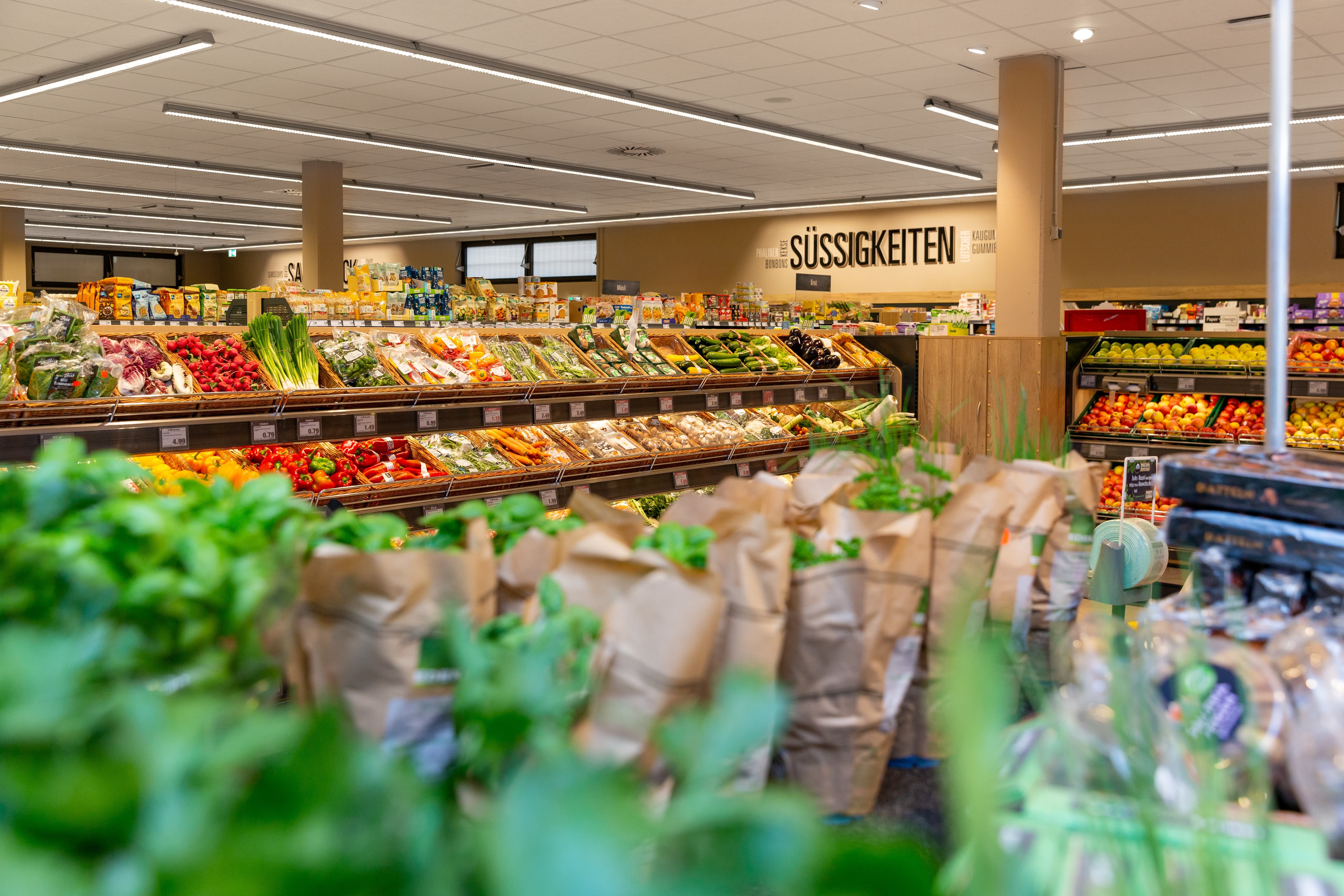 Die Obst- und Gemüseabteilung eines Edeka-Marktes. Im Vordergrund sind Kräuter zu erkennen.