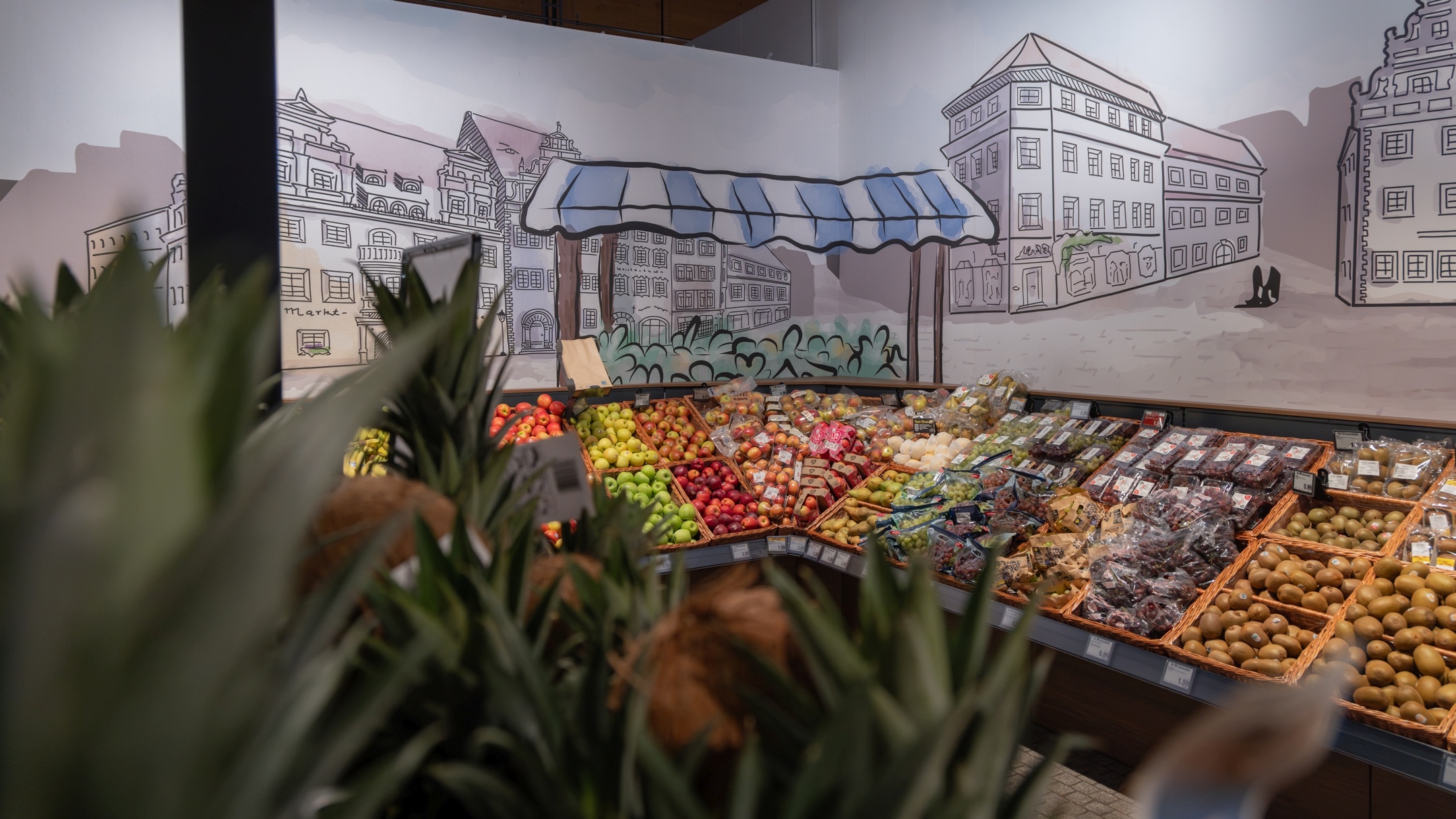 Ansicht der Obstabteilung. Im Vordergrund Ananas und Kokosnüsse, im Hintergrund Kiwis, Weintrauben, Äpfel, Birnen und Nashi