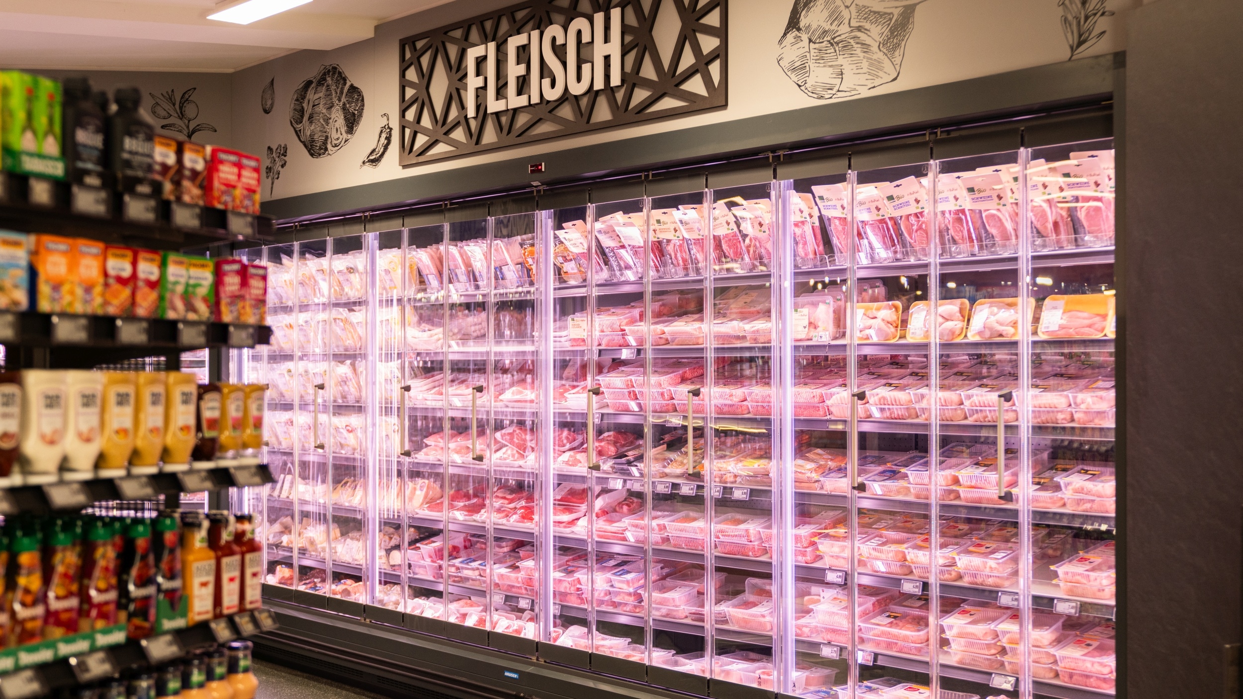 Ansicht des SB-Kühl-Bereiches mit einer großen Auswahl an Wurst- und Fleischartikeln