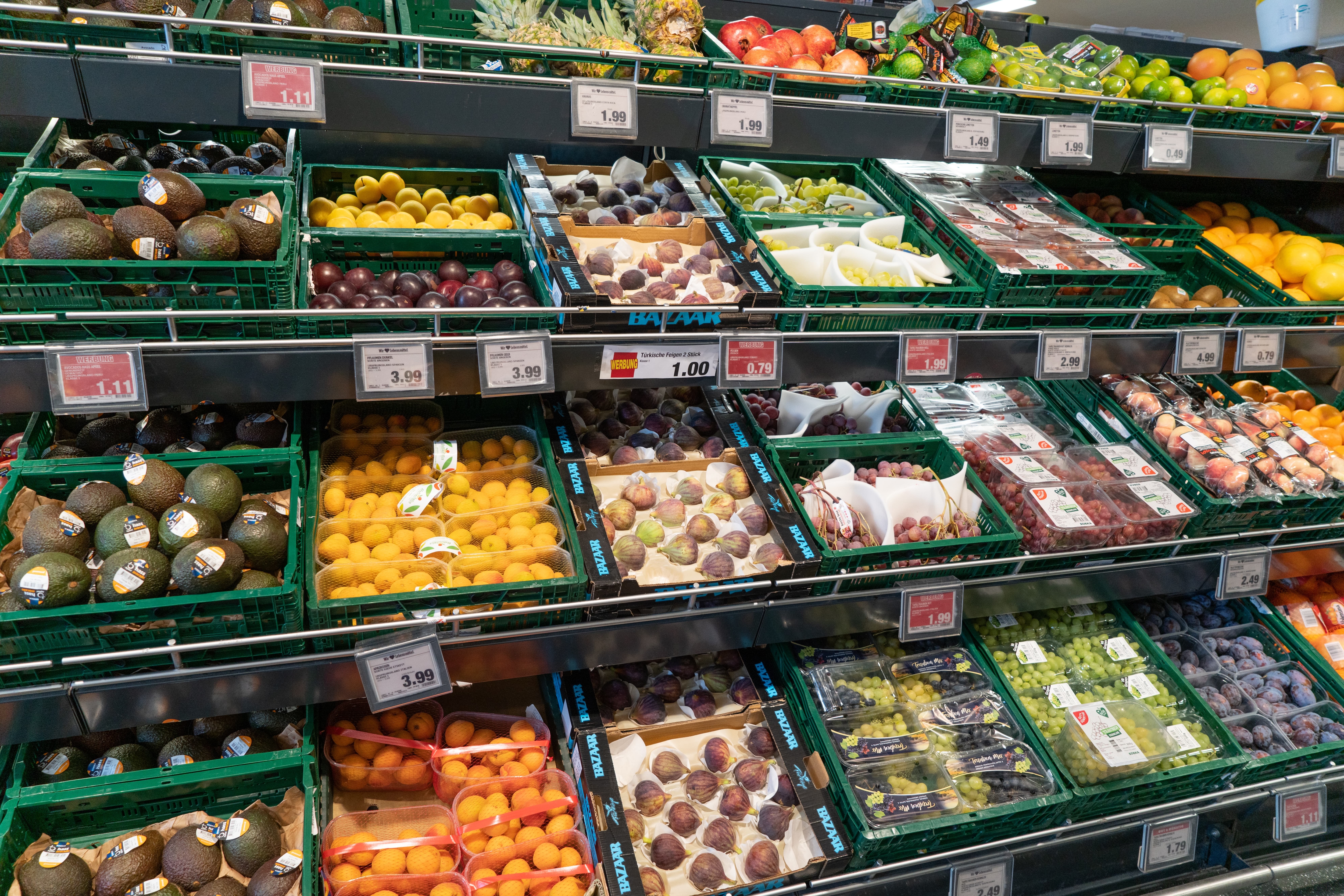 Ein Regal mit Kisten voller unterschiedlicher Obstsorten.