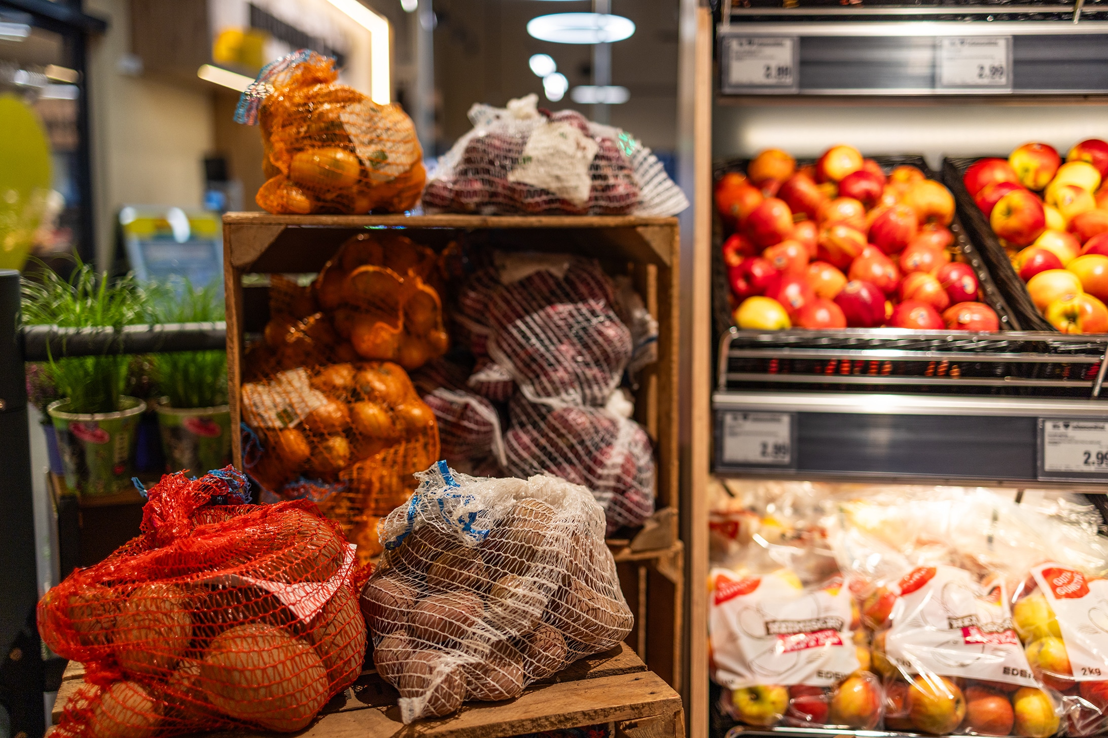 Aufbau mit Holzksiten in denen sich verschiedene Kartoffelsäcke befinden.