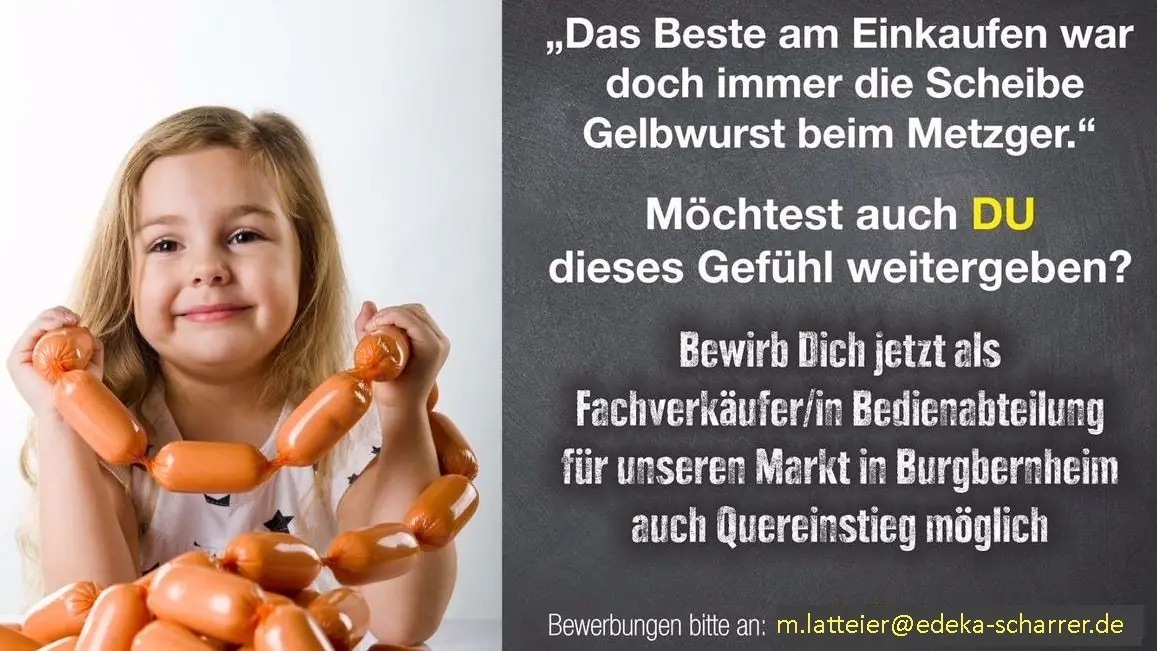 Bewirb dich jetzt als Fachverkäufer/in Bedienabteilung für unseren Markt in Burgbernheim. Auch ein Quereinstieg ist möglich.