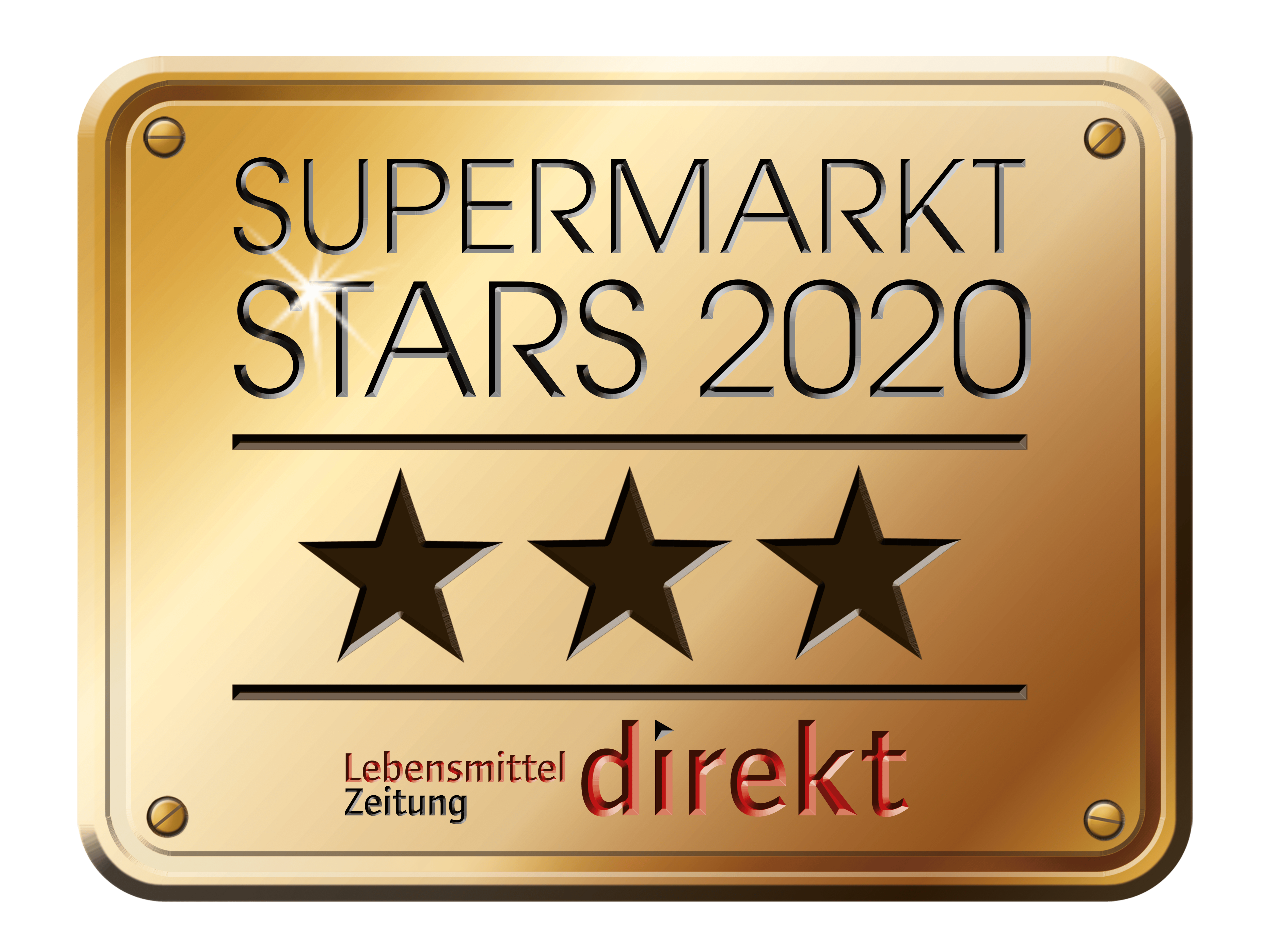 Goldene Plakette mit drei Sternen und Text: Supermarkt Stars 2020. Lebensmittel Zeitung direkt.