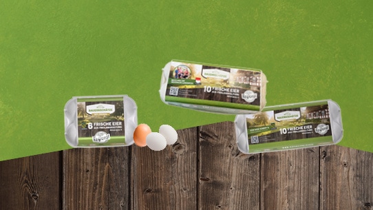 3 verschiedene Eierpackungen der Bauernschätze-Eier.