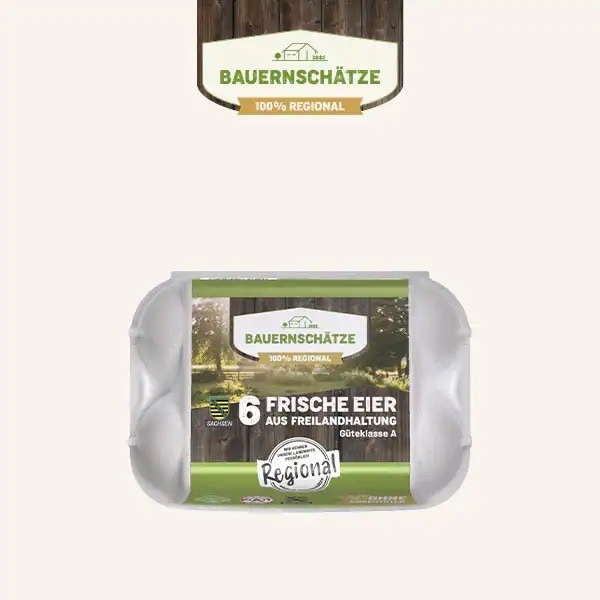 Eierpackung von Bauernschätze: Sechs frische Eier aus Freilandhaltung.