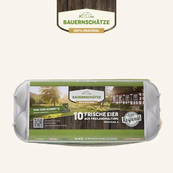 Eierpackung von Bauernschätze: Zehn frische Eier aus Freilandhaltung.
