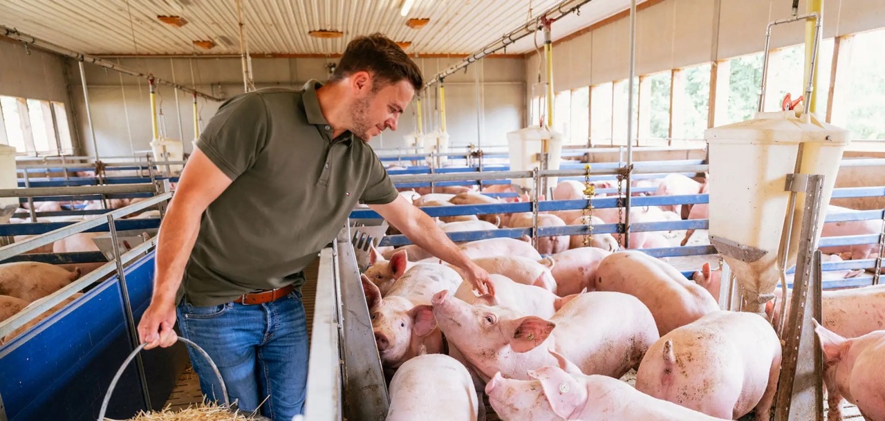 Mann in grünem Poloshirt lehnt sich über den Rand eines Schweinestalls. In seiner rechten Hand hält er einen Korb mit Stroh.
