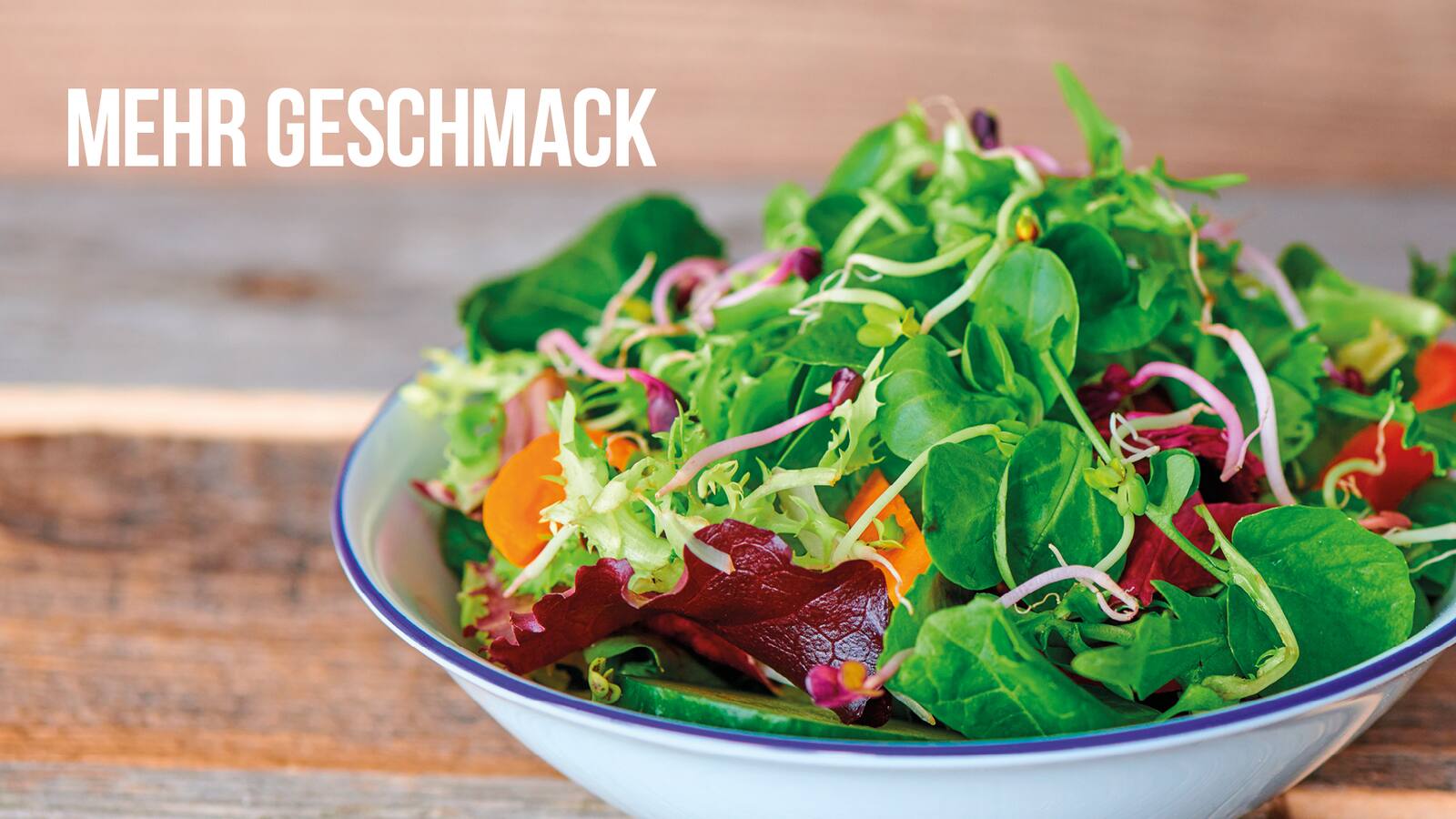 Ein tiefer Teller mit buntem Salat, darüber Text: Mehr Geschmack.