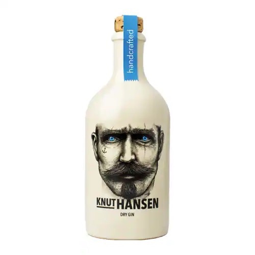 Eine weiße Flasche Knut Hansen Dry Gin.