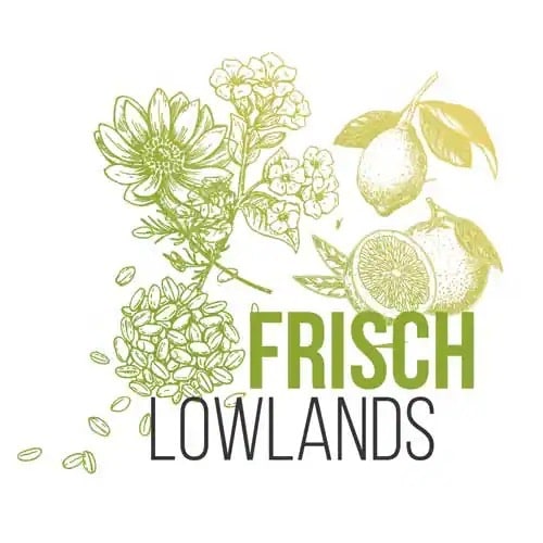 Textgrafik mit Blumen und Zitronen: Frisch Lowlands.