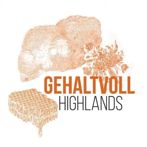 Textgrafik mit Illustrationen: Gehaltvoll Highlands.