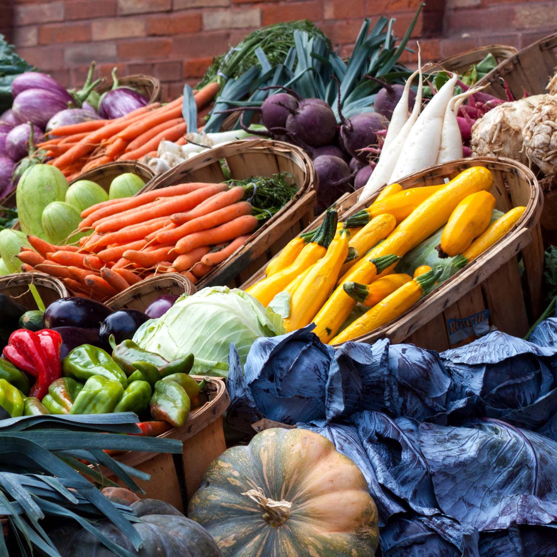 Körbe mit verschiedenen Gemüsesorten, darunter Blaukraut, Paprika, Zucchini, Möhren, Sellerie und rote Beete.