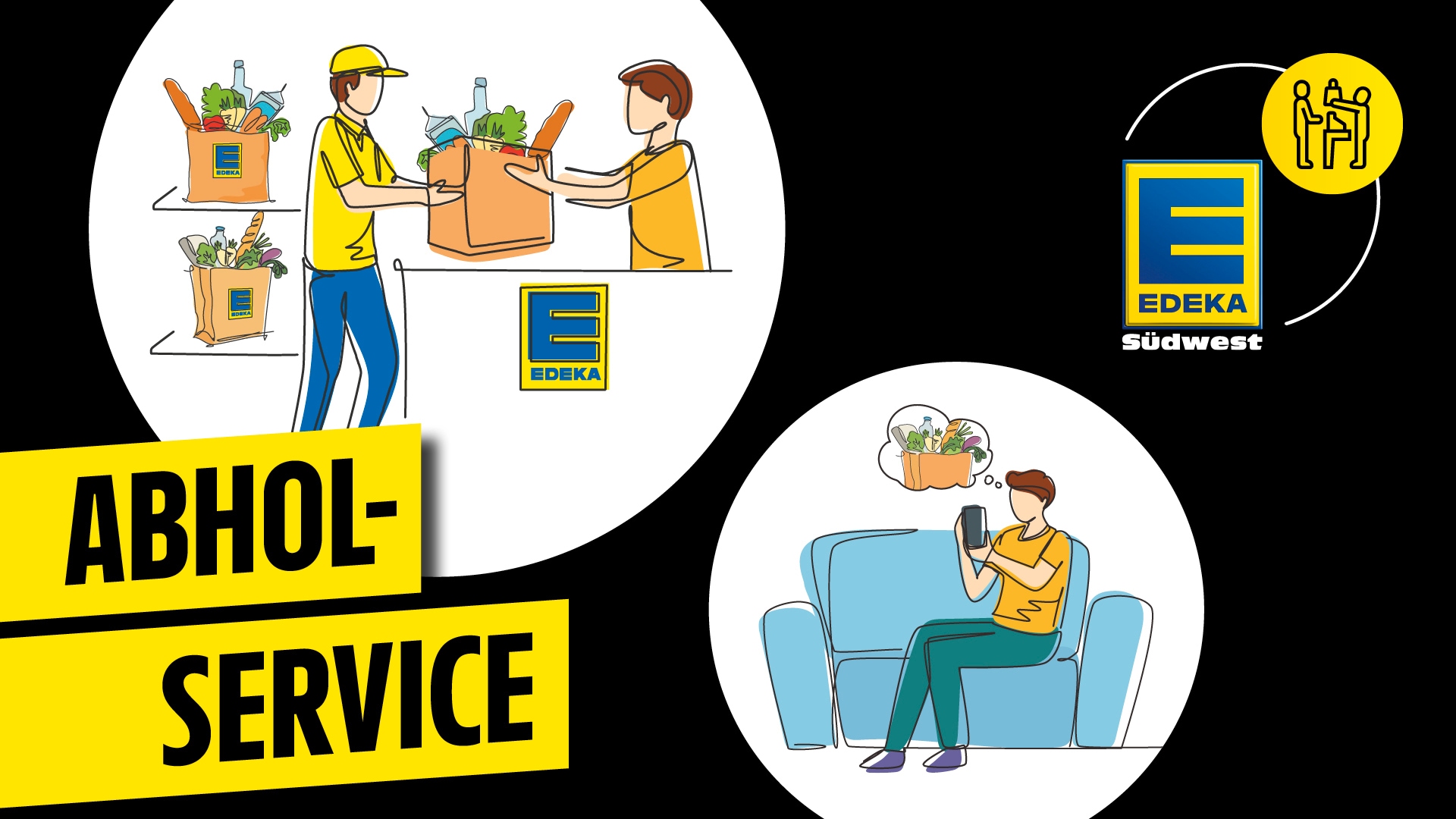 Zwei Grafiken zu einem Abholservice von EDEKA. Ein Mann sitzt auf den Sofa und bestellt etwas übers Handy. AUf der zweiten Grafik zwei Männer und Tüten. Der Kunde holt die Bestellung ab.