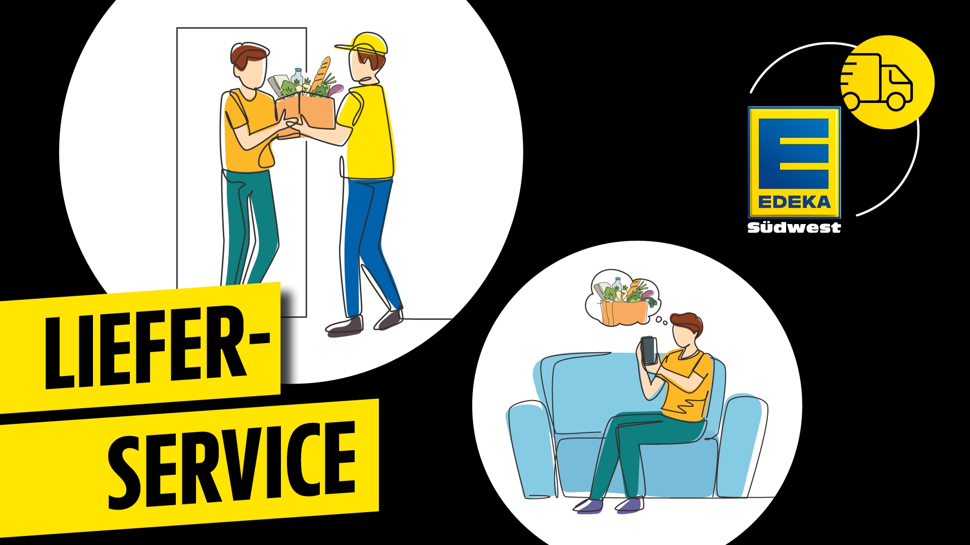Zwei Grafiken zu einem Lieferservice von EDEKA. Ein Mann sitzt auf dem Sofa und bestellt etwas übers Handy. Auf der zweiten Grafik zwei Männer und ein Paket mit Lebensmitteln. Der Lieferant bringt die Bestellung.