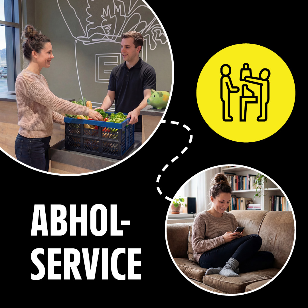 Abholservice: Kundin erhält Einkaufskiste im Markt und bestellt per Smartphone von zu Hause