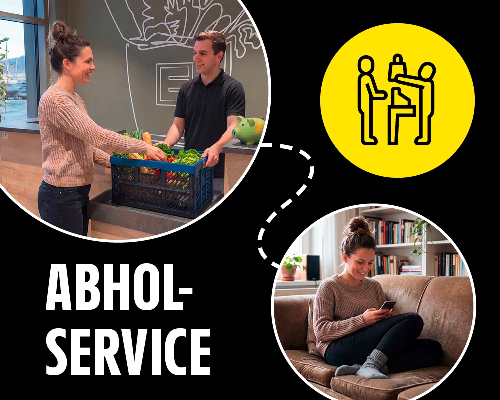 Abholservice: Kundin erhält Einkaufskiste im Markt und bestellt per Smartphone von zu Hause