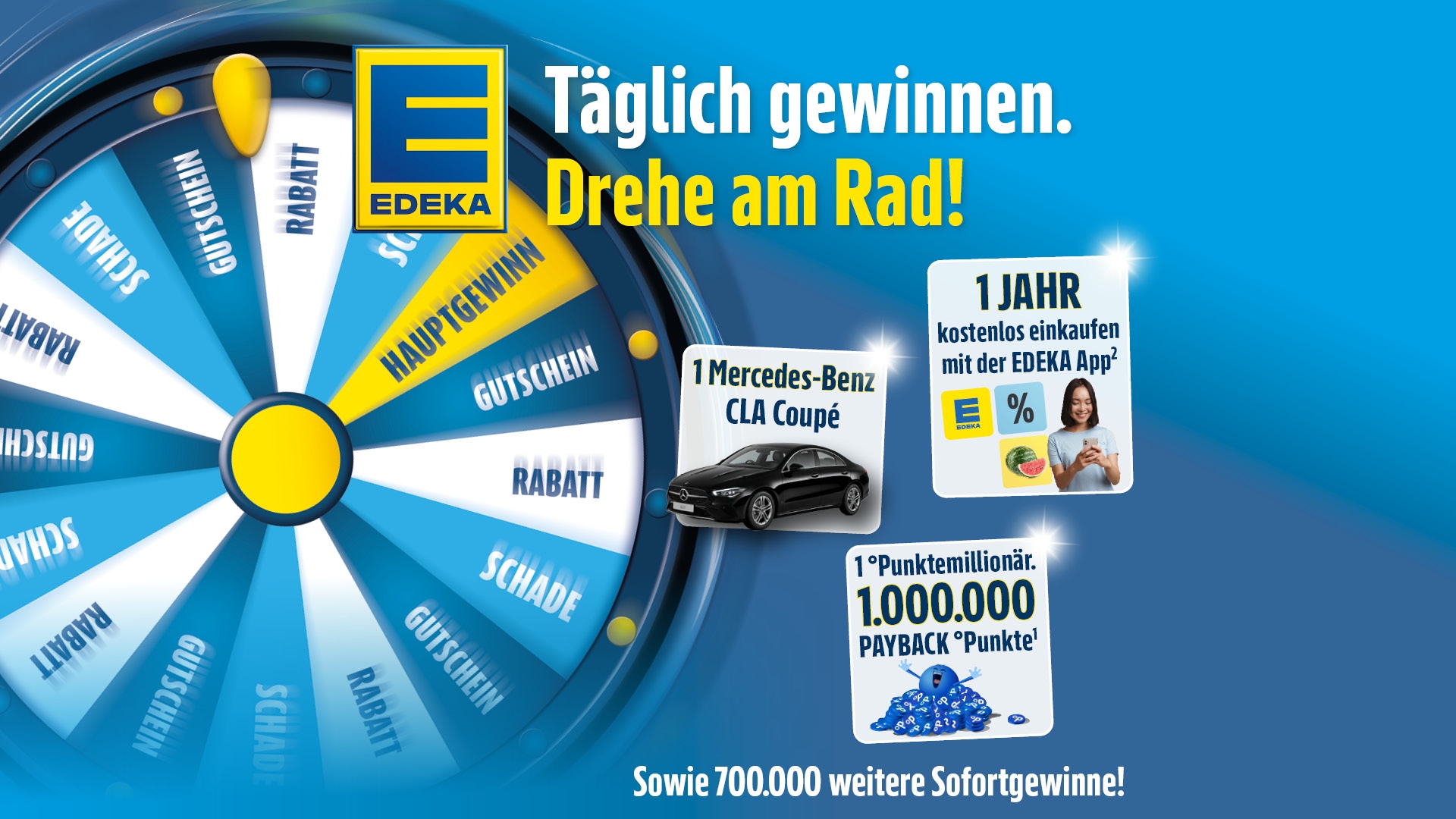 EDEKA-Gewinnspiel mit Glücksrad, Hauptpreis markiert, daneben Preise wie Mercedes-Benz, Einkaufsguthaben und PAYBACK-Punkte.