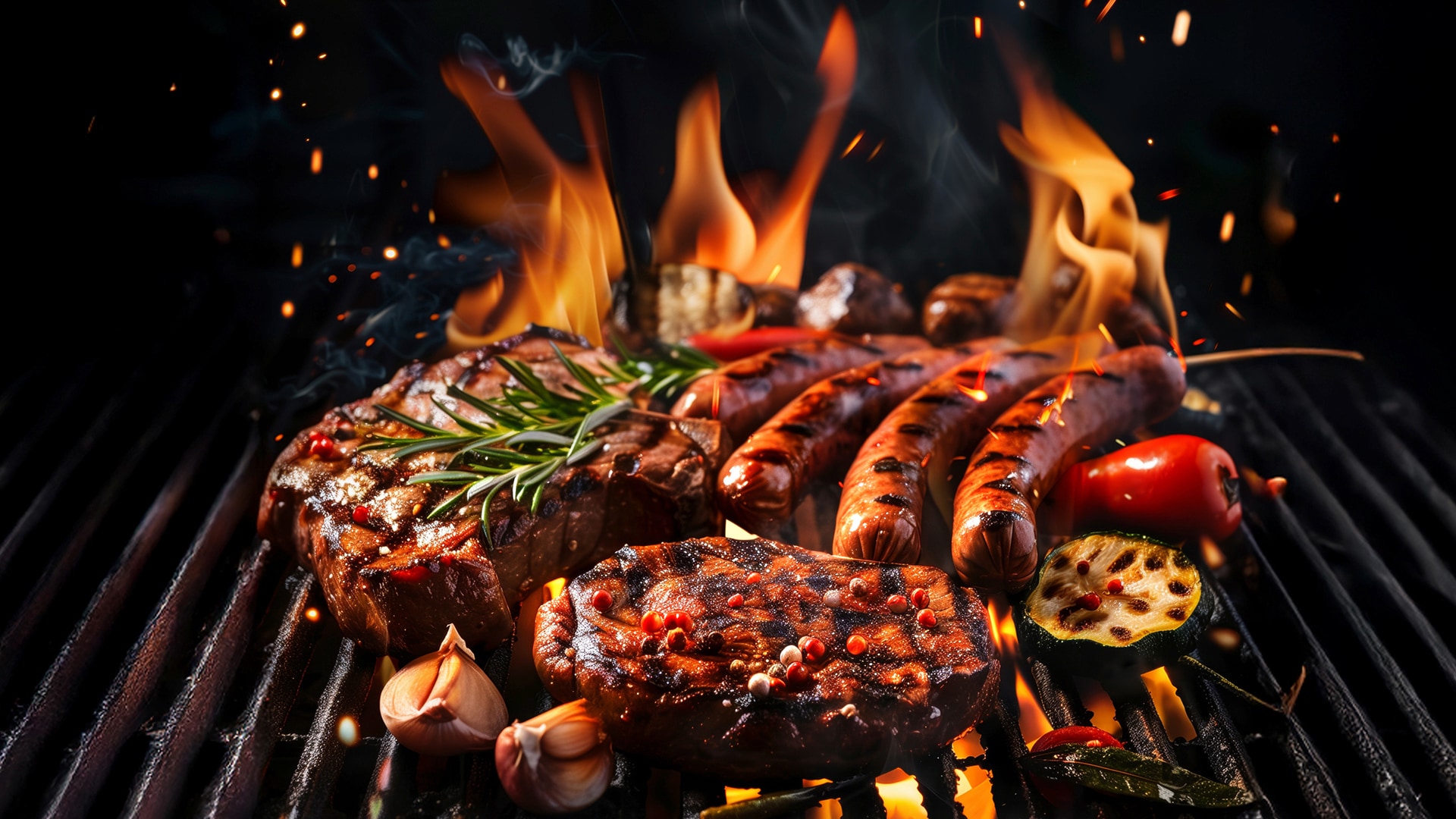 Steaks und Würstchen grillen über offenen Flammen, daneben Gemüse wie Zucchini und Paprika