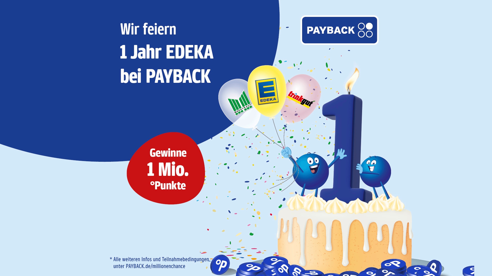 eine Torte mit einer Zahlkerze Eins und Payback Pointies. Gefeiert wird 1 Jahr Edeka bei Payback.