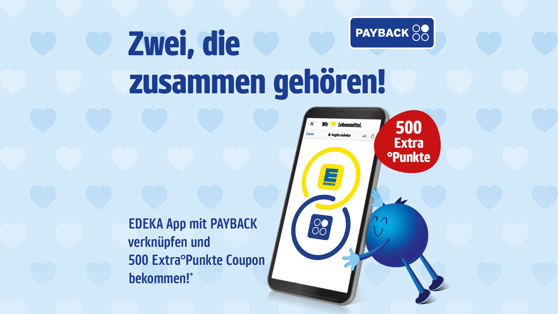 Ein Smartphone mit den Logos von EDEKA und Payback. Payback Pointee hebt das Smartphone