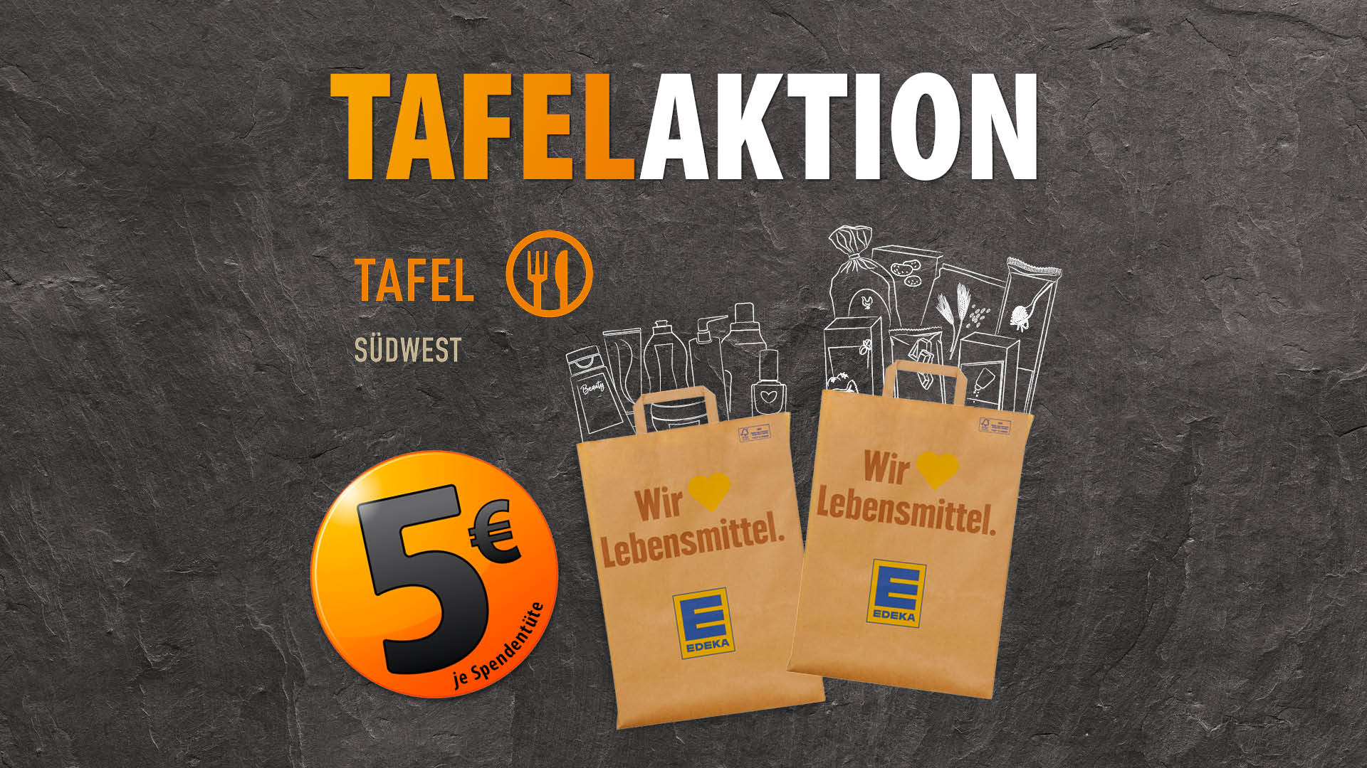Grafik zur „Tafelaktion“ von EDEKA Südwest: Einkaufstüten mit Lebensmitteln und Hinweis auf 5 € Spende je Tüte.
