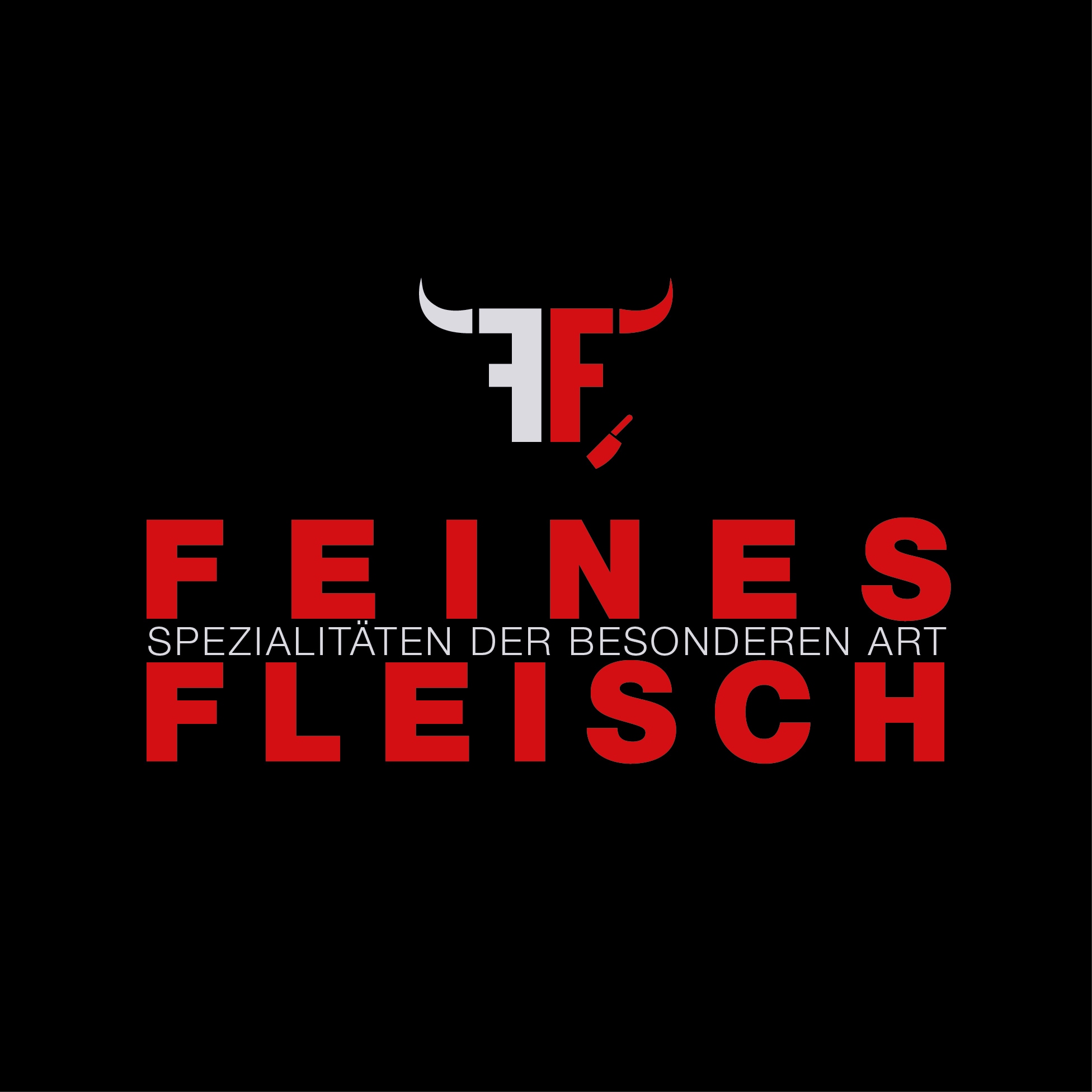 Logo mit einem stilisierten Stierkopf und Schriftzug: "FEINES FLEISCH – Spezialitäten der besonderen Art".